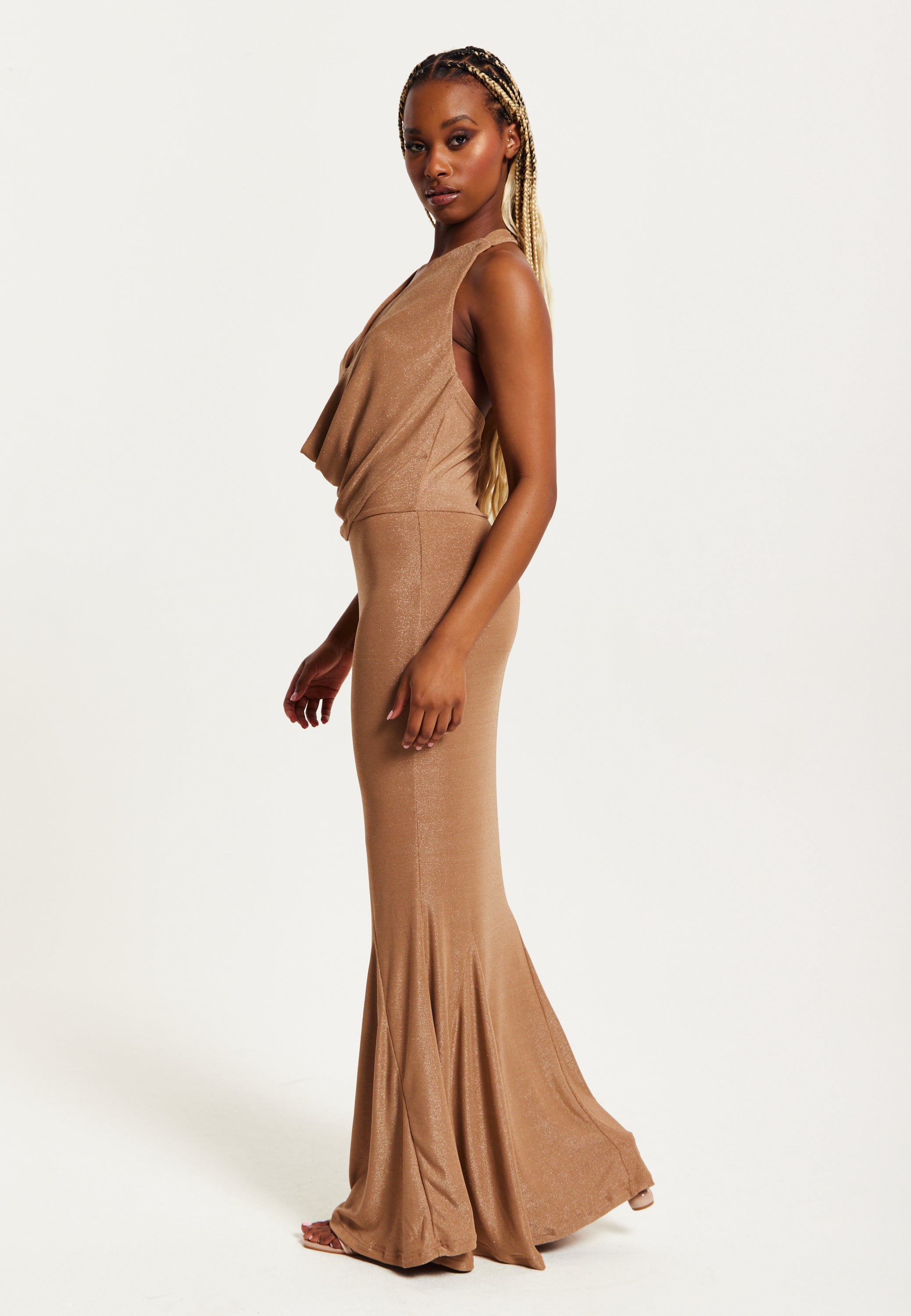 Women's Maxi Dress - Gold Full Lurex Jersey, Bodycon Fit, Halter Neck, Sleeveless, by Liquorish