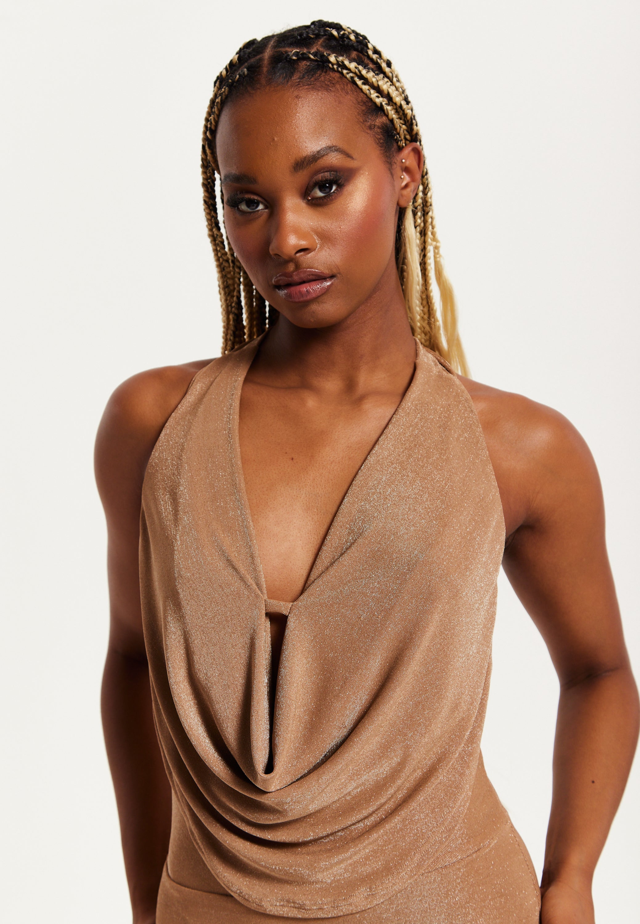 Women's Maxi Dress - Gold Full Lurex Jersey, Bodycon Fit, Halter Neck, Sleeveless, by Liquorish