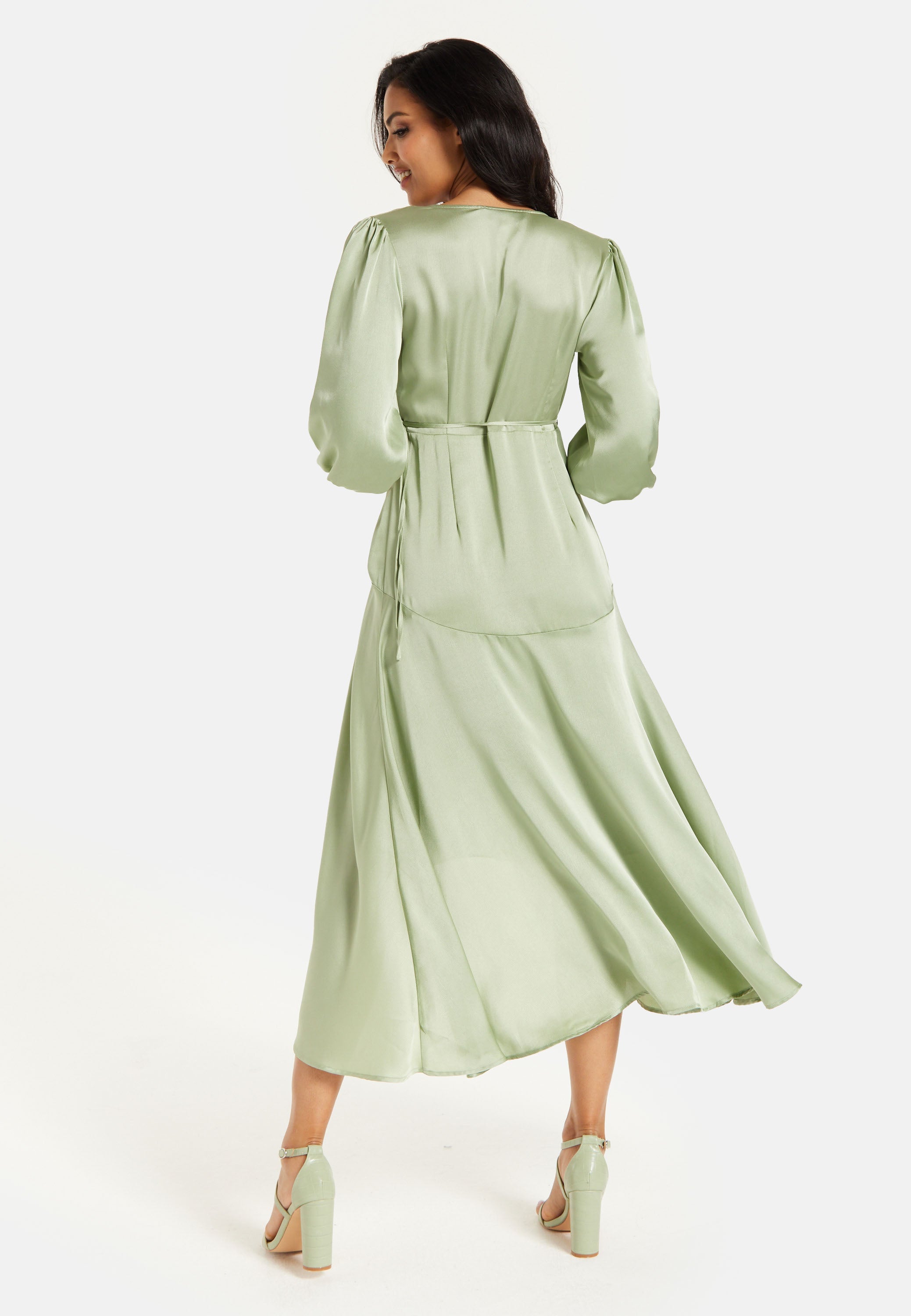 Women's Midi Wrap Dress in Sage Green with Short Puff Sleeves - Elegant Style and Comfort by Liquorish