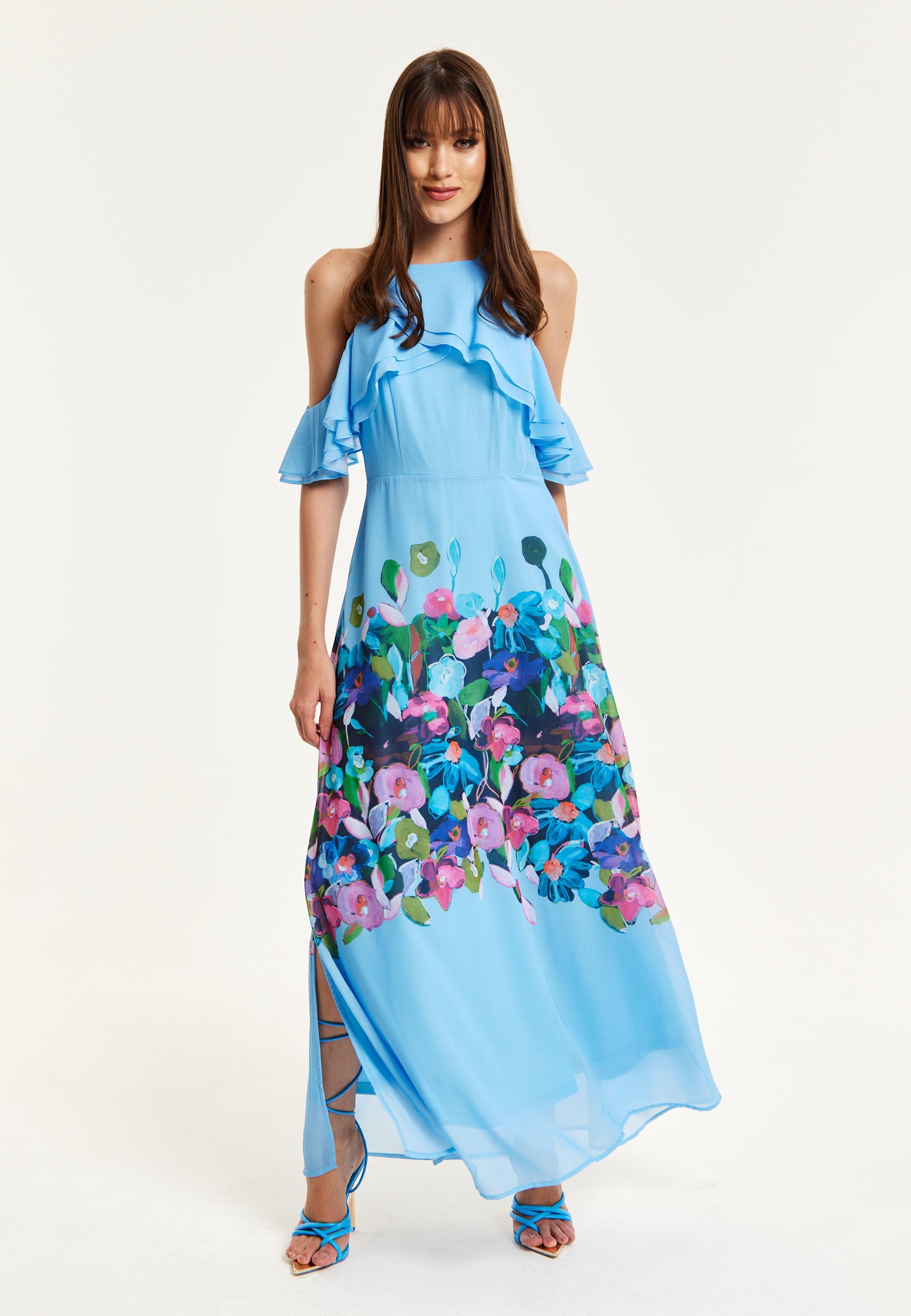 Women's Maxi Dress with Frill Details in Blue, Sleeveless Design, Floral Print, Perfect Fit - Liquorish