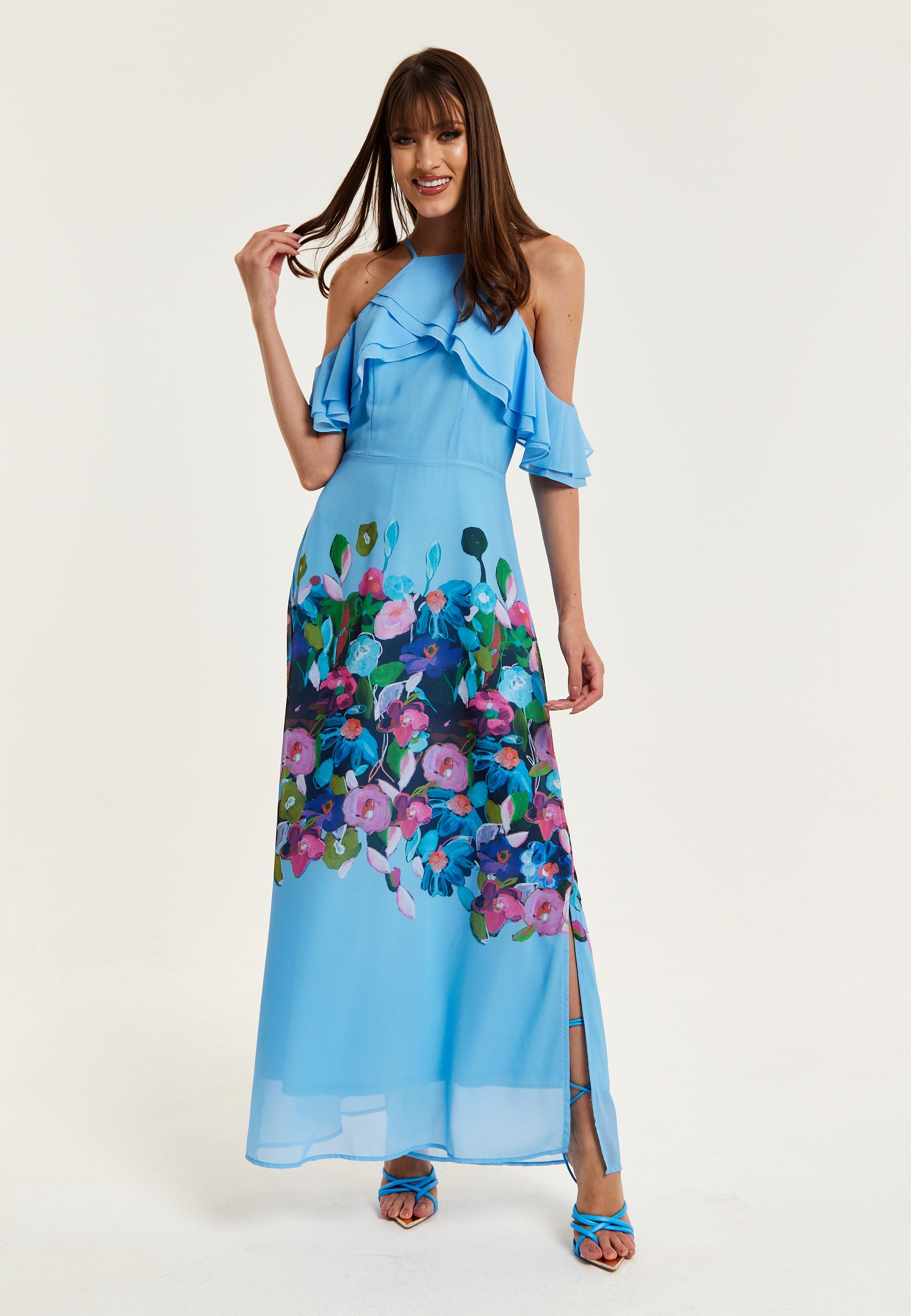 Women's Maxi Dress with Frill Details in Blue, Sleeveless Design, Floral Print, Perfect Fit - Liquorish