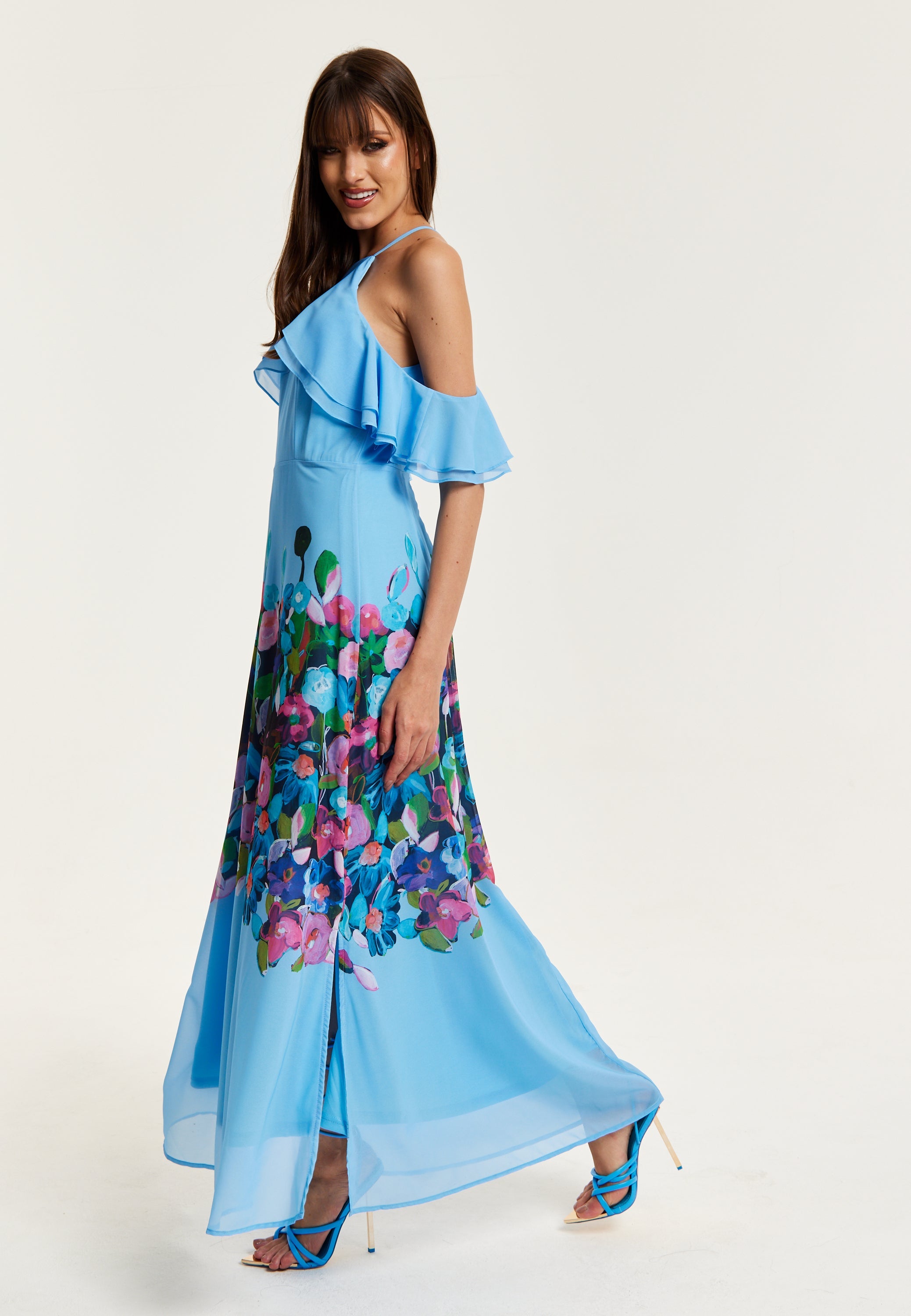 Women's Maxi Dress with Frill Details in Blue, Sleeveless Design, Floral Print, Perfect Fit - Liquorish