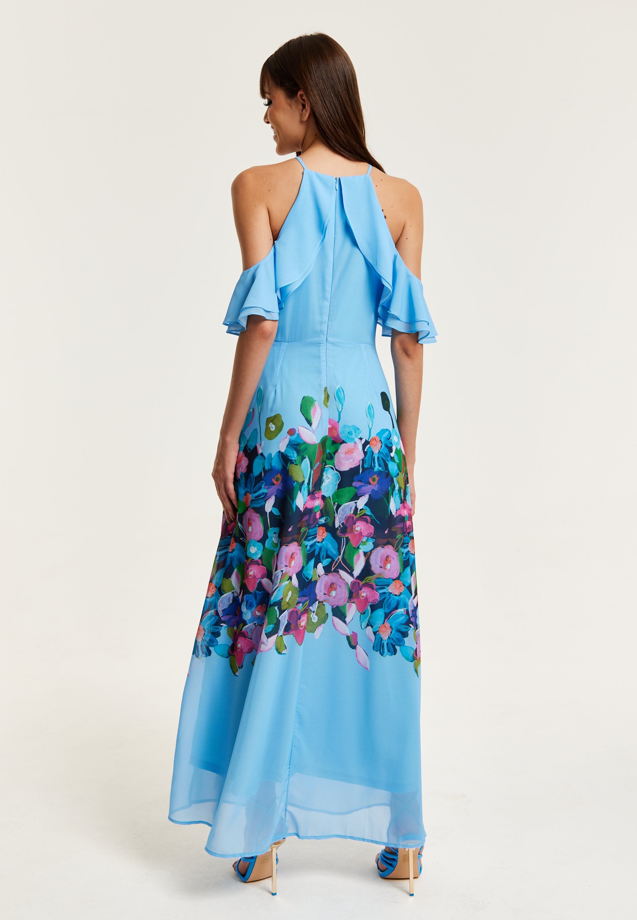 Women's Maxi Dress with Frill Details in Blue, Sleeveless Design, Floral Print, Perfect Fit - Liquorish