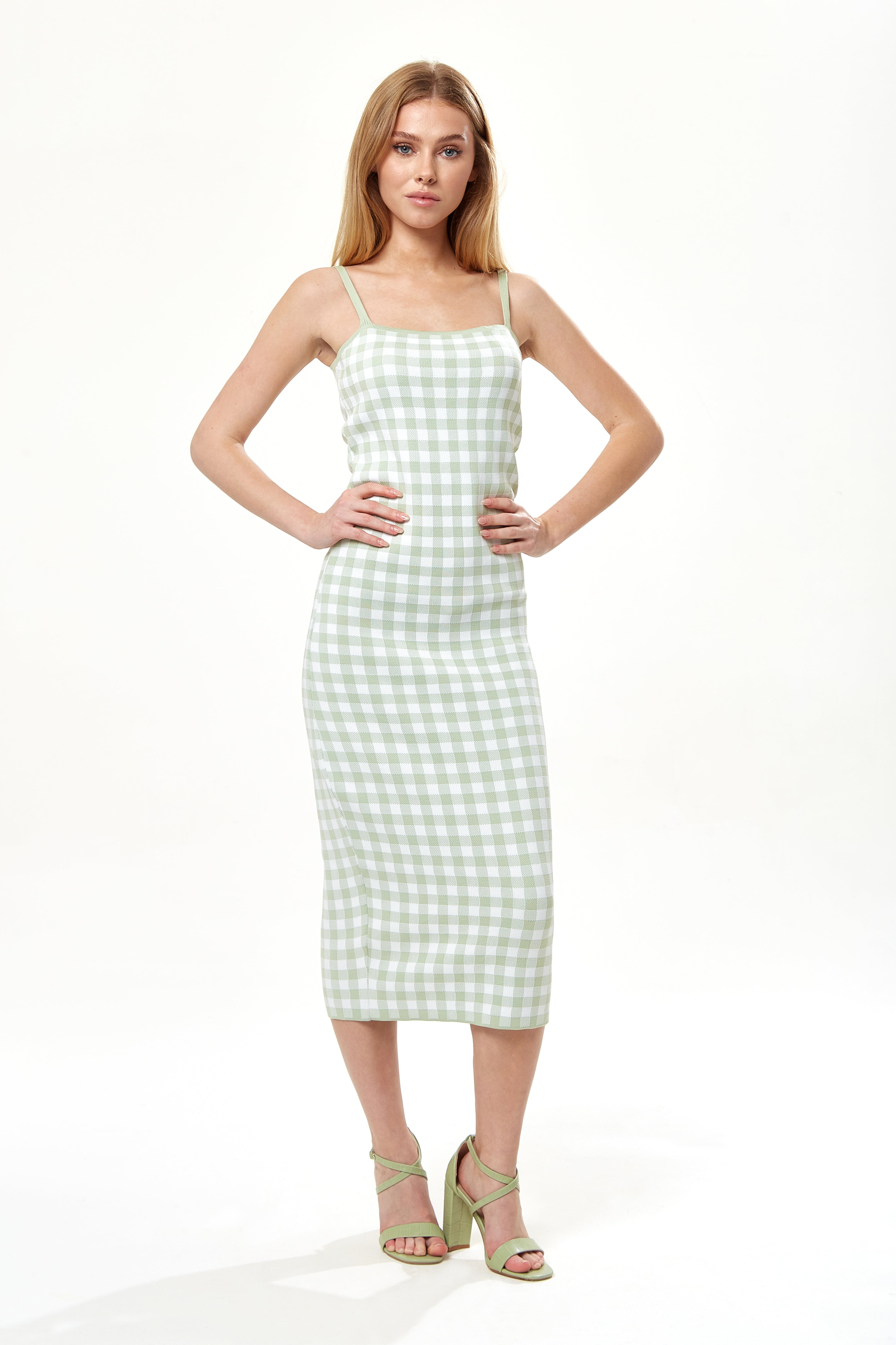 Women's Midi Dress in Green and White Check with Sleeveless Design and Fitted Style