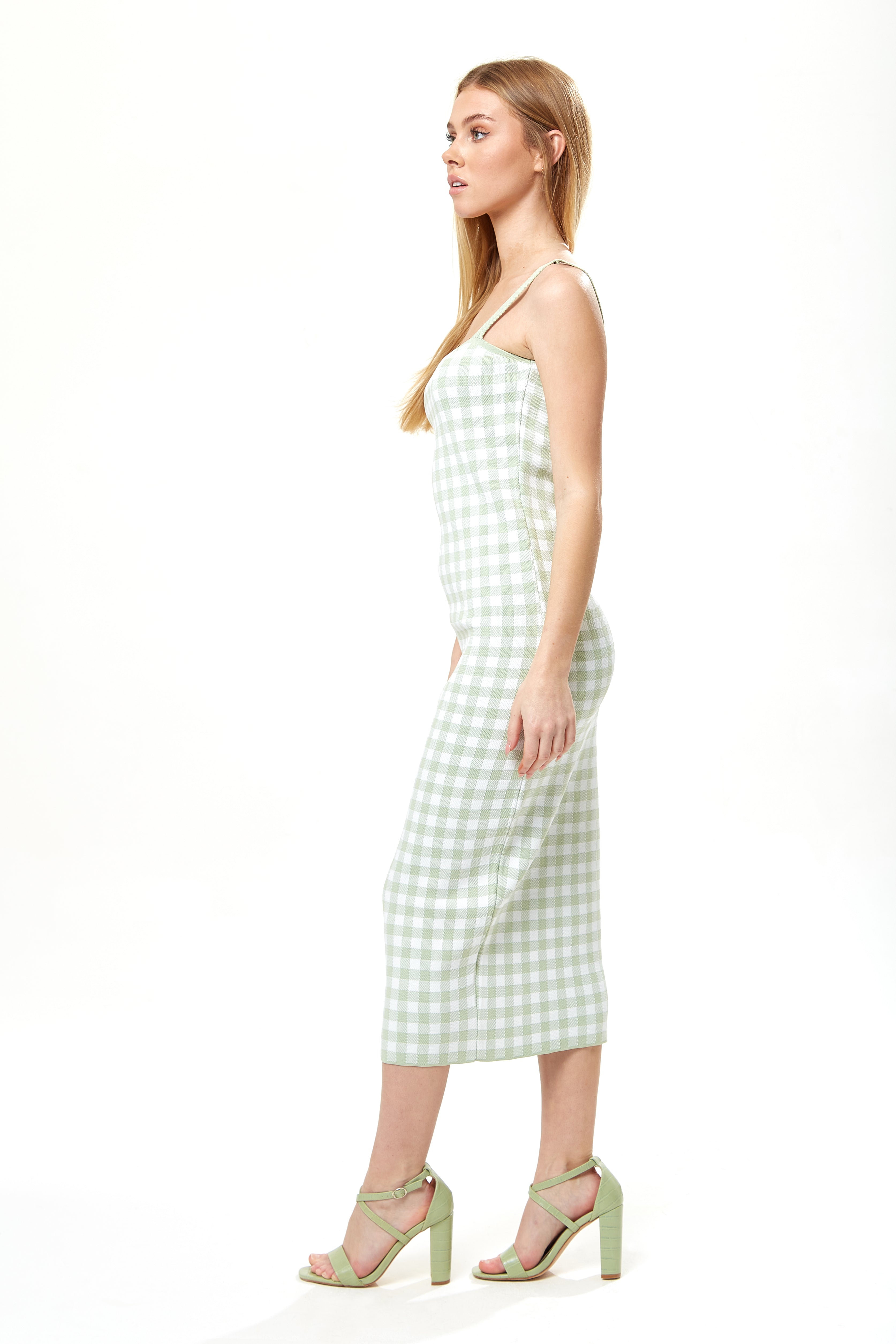 Women's Midi Dress in Green and White Check with Sleeveless Design and Fitted Style