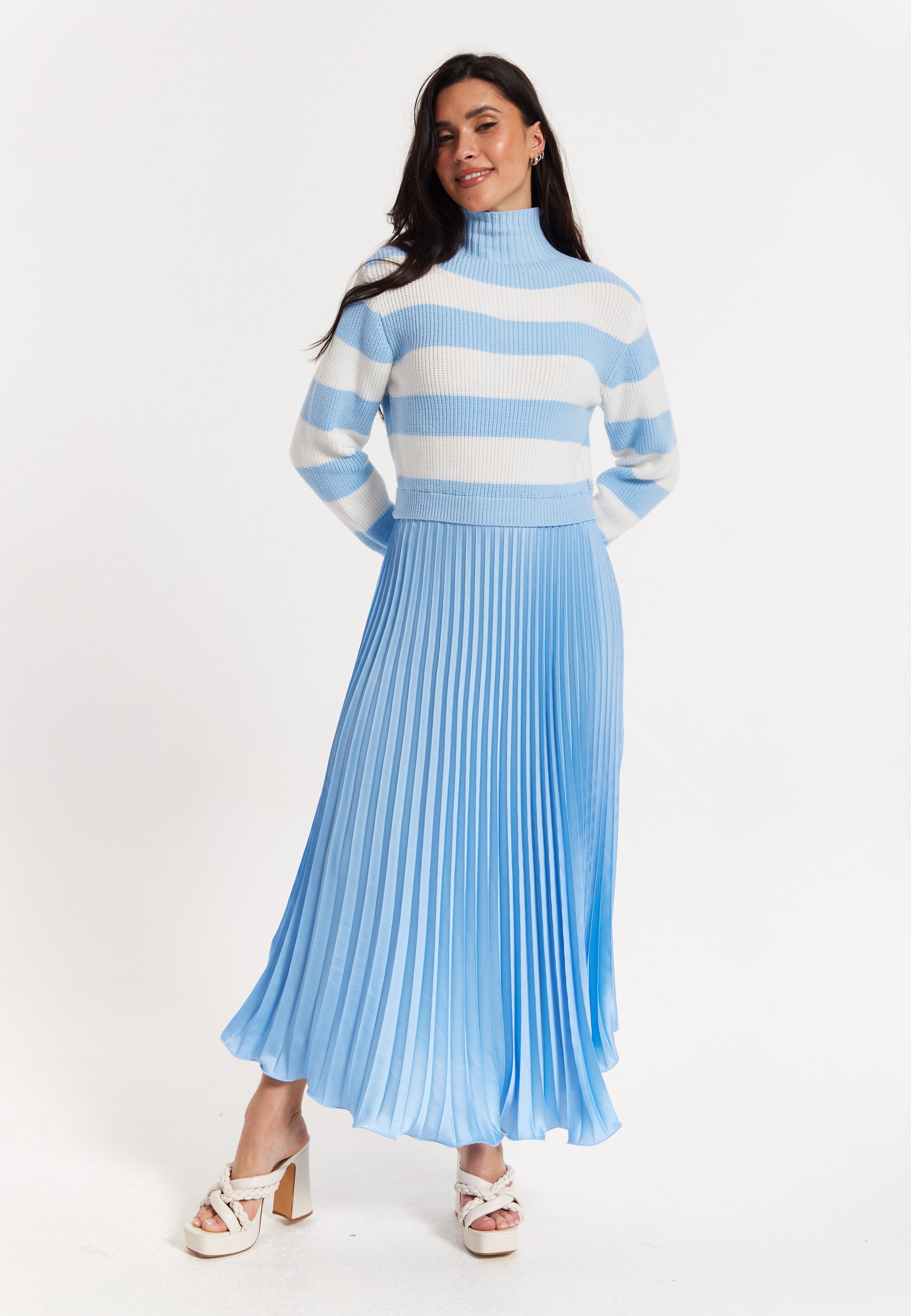 Blue Stripe Turtleneck Pleated Maxi Dress