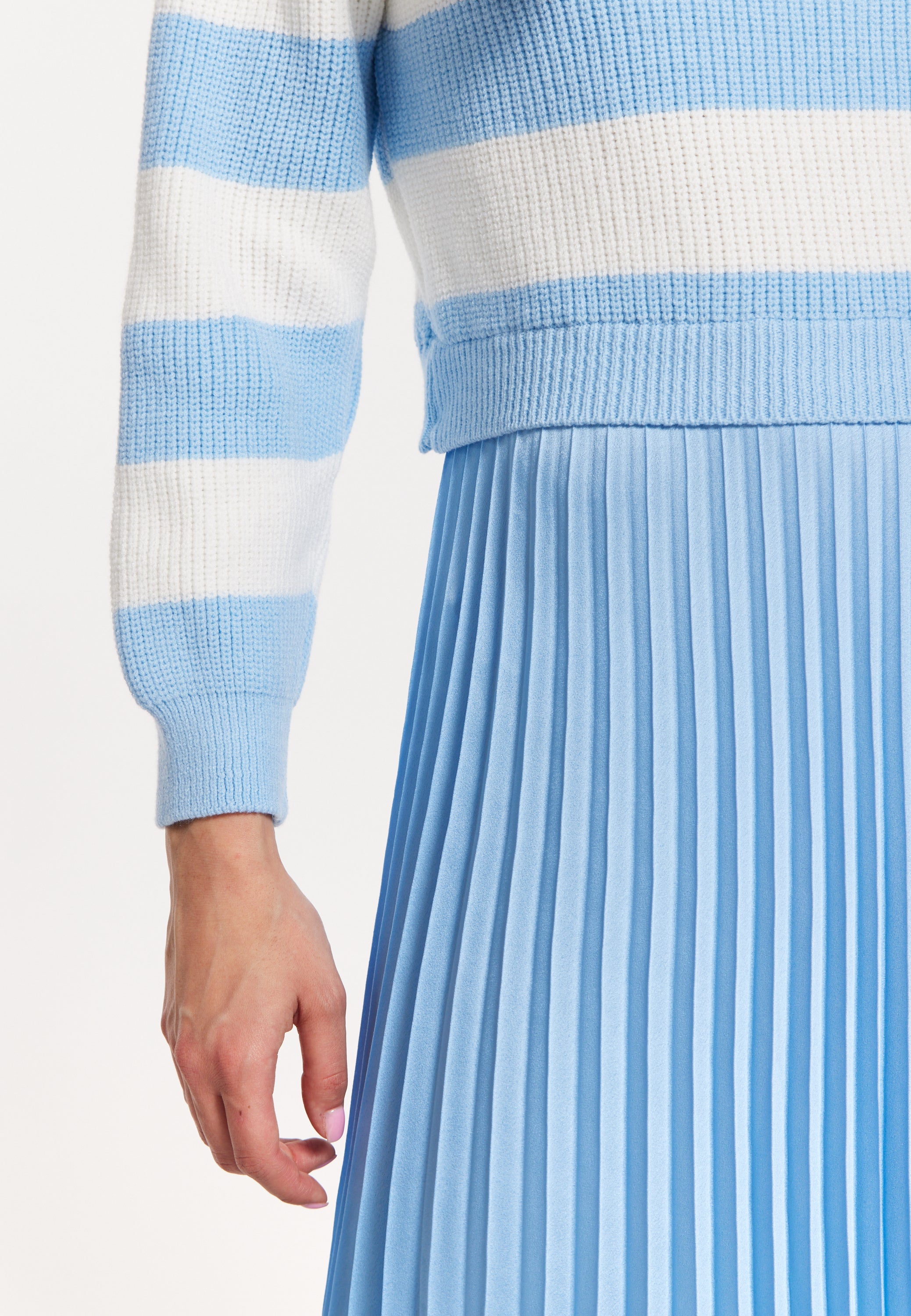 Blue Stripe Turtleneck Pleated Maxi Dress