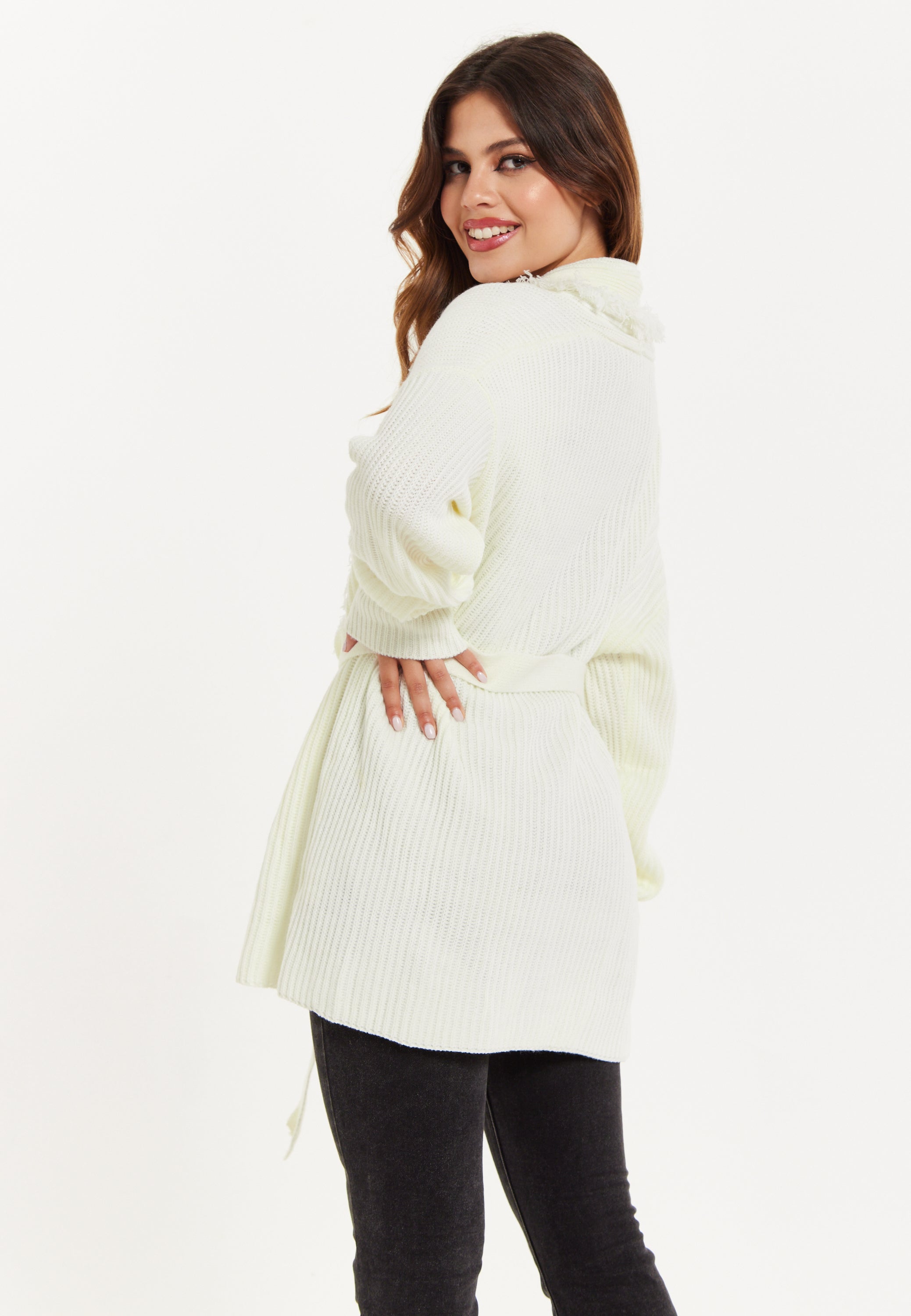 Women's Cream Open Front Cardigan with Fringe Details and Long Sleeves, Matching Belt - Liquorish