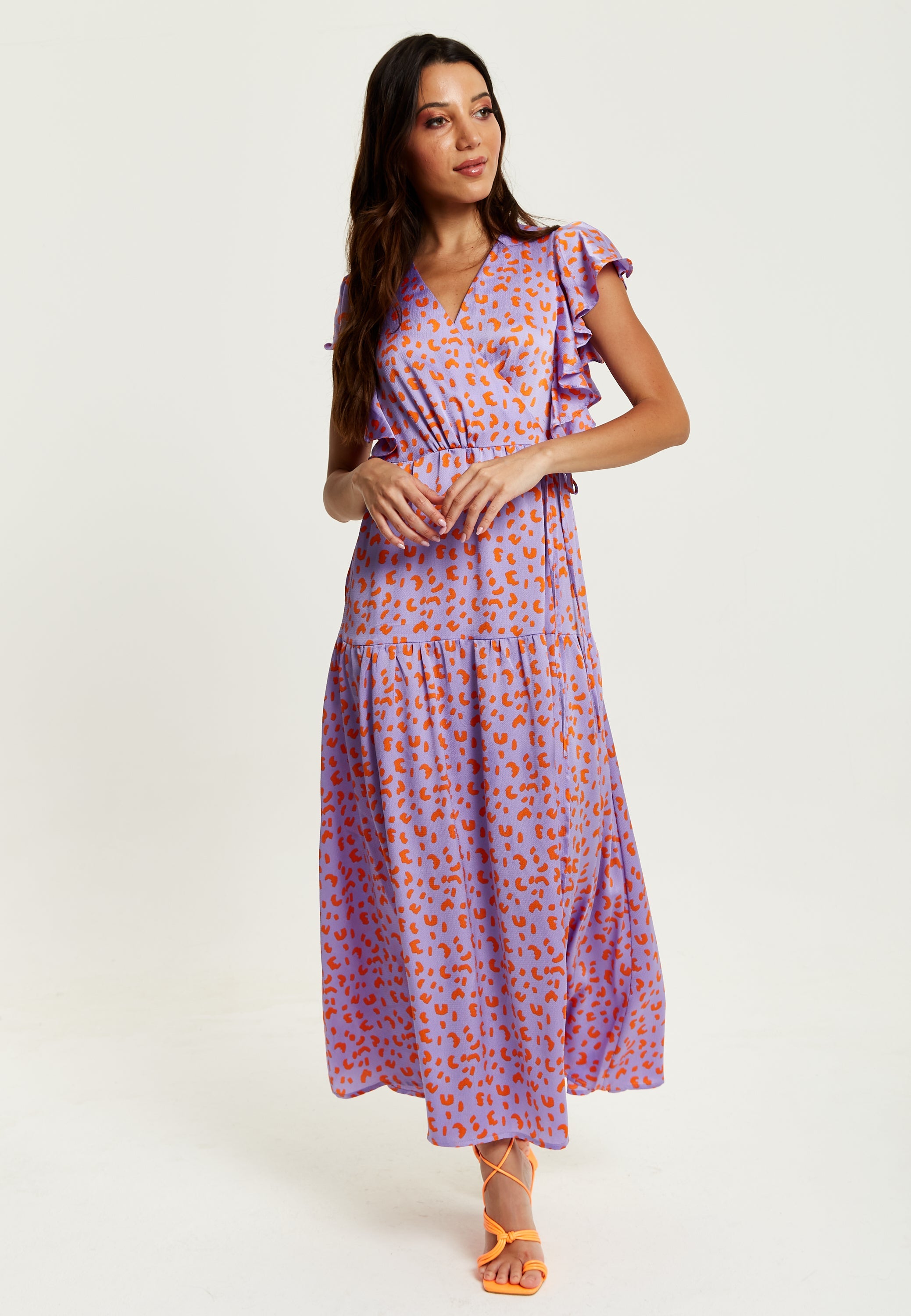 Women's Maxi Dress in Lilac and Orange with Flouncy Sleeves, Cheetah Print Wrap Style by Liquorish