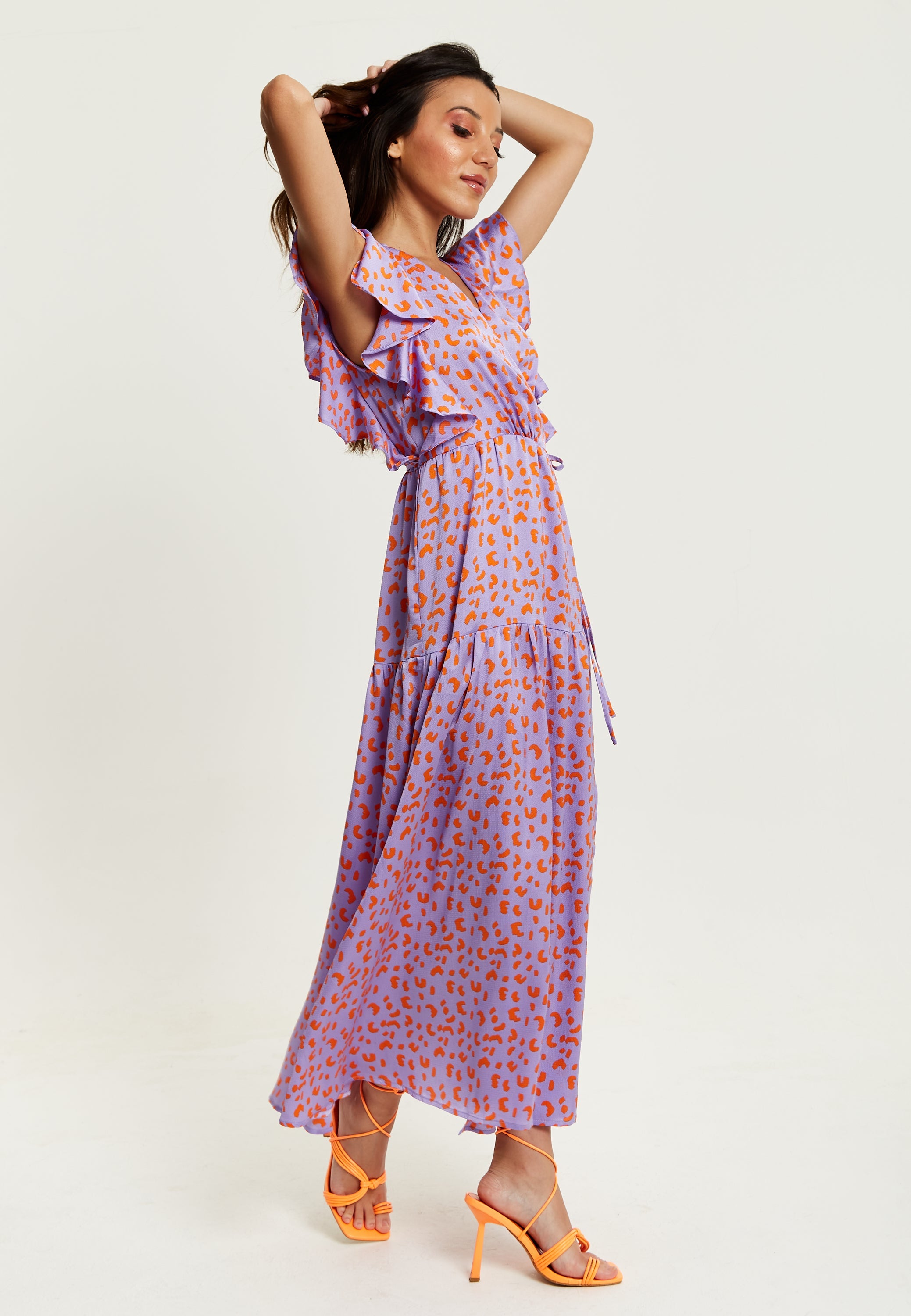 Women's Maxi Dress in Lilac and Orange with Flouncy Sleeves, Cheetah Print Wrap Style by Liquorish