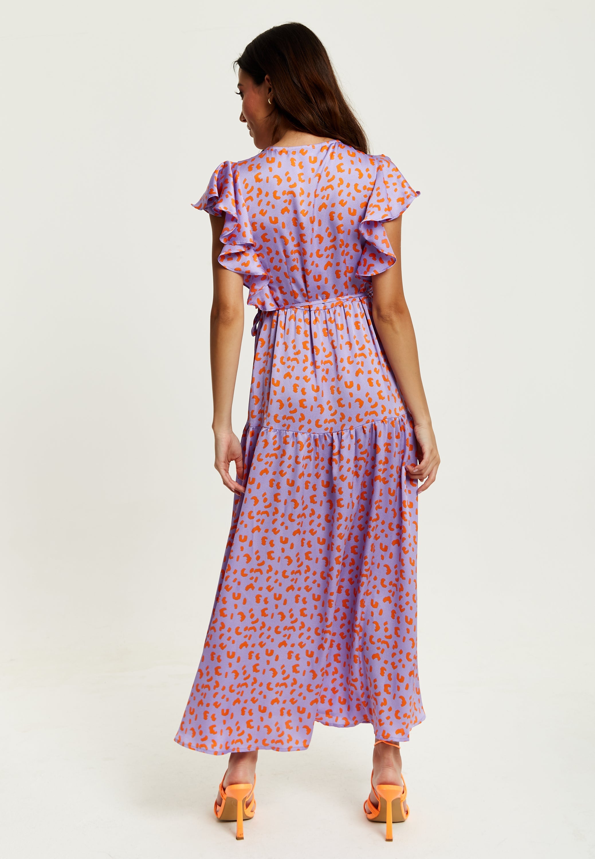 Women's Maxi Dress in Lilac and Orange with Flouncy Sleeves, Cheetah Print Wrap Style by Liquorish