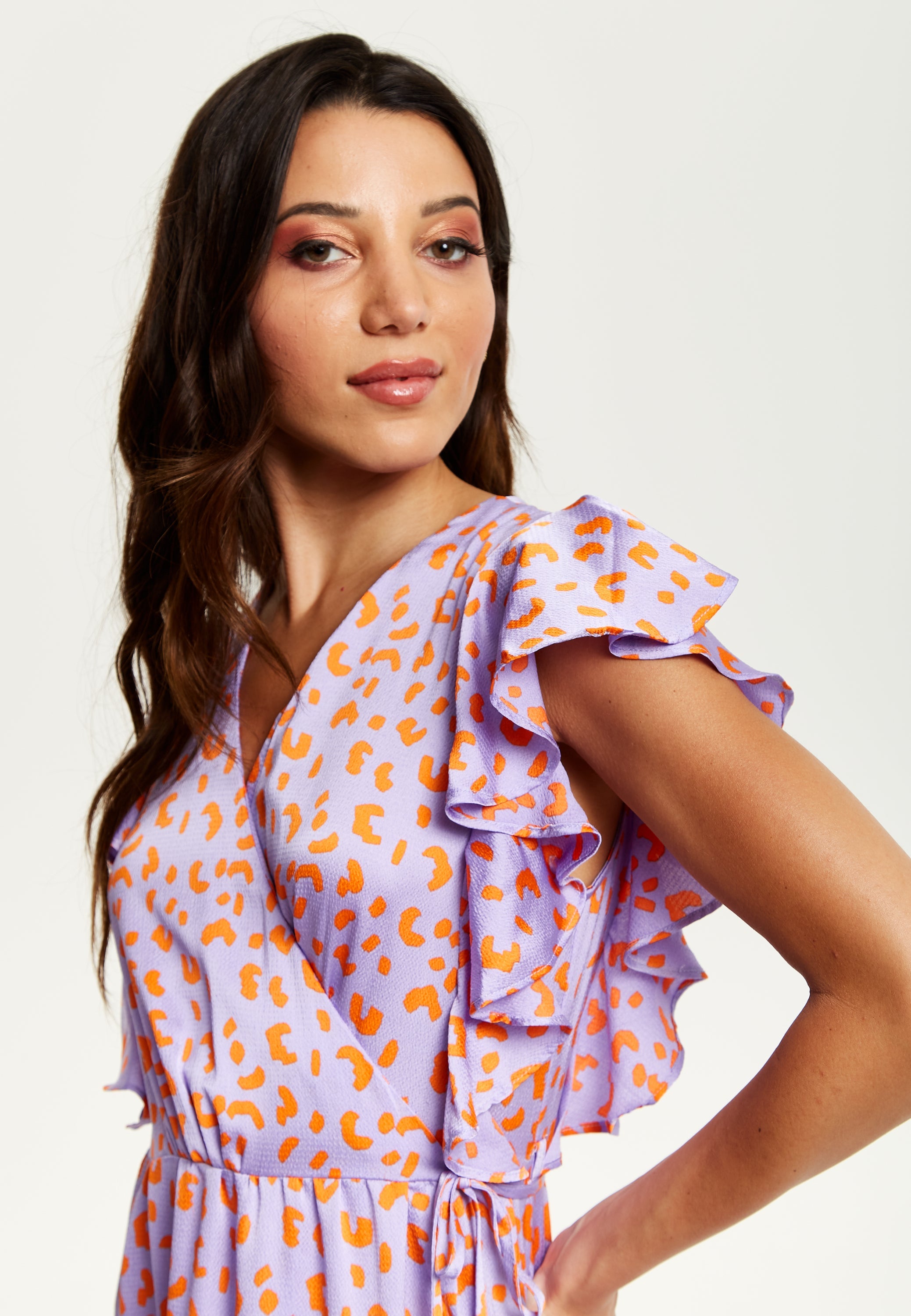 Women's Maxi Dress in Lilac and Orange with Flouncy Sleeves, Cheetah Print Wrap Style by Liquorish