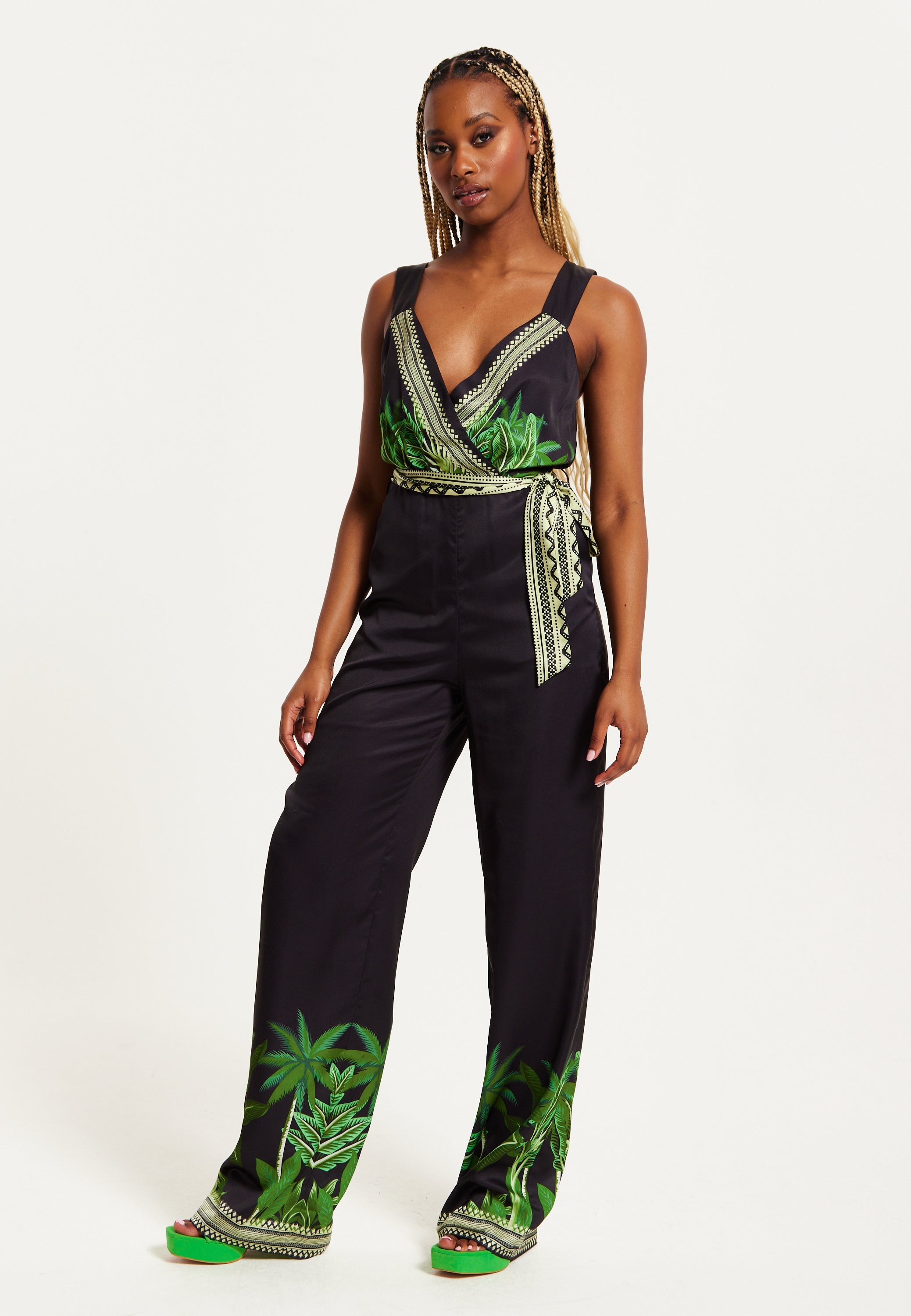 Women's V-neck Wide Leg Jumpsuit with Tie Waist in Leaf Print - Regular Fit, 100% Polyester - Liquorish