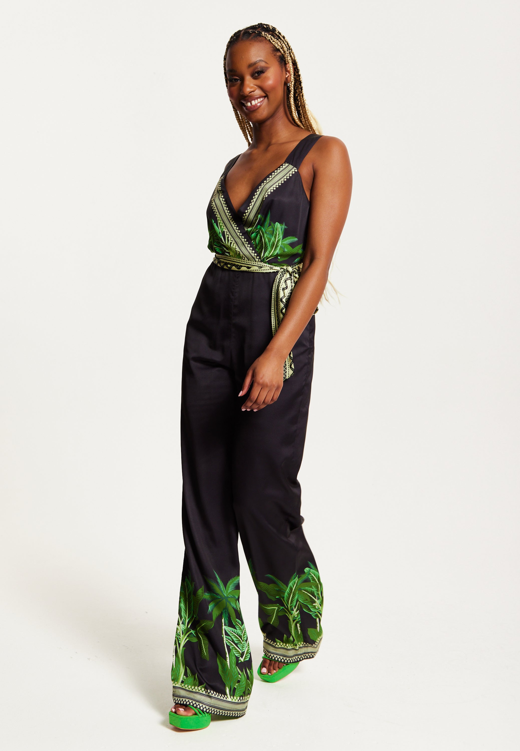 Women's V-neck Wide Leg Jumpsuit with Tie Waist in Leaf Print - Regular Fit, 100% Polyester - Liquorish