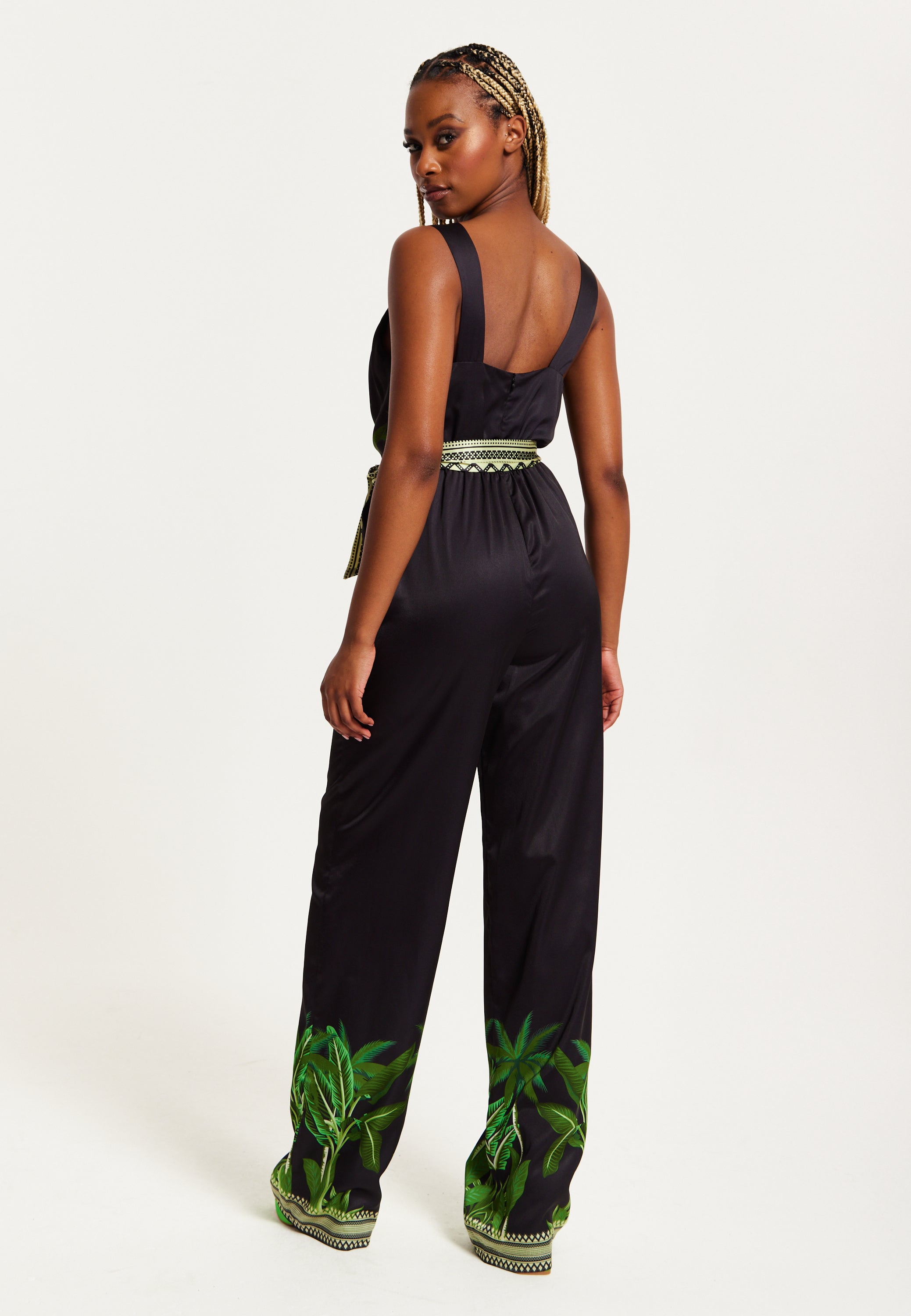 Women's V-neck Wide Leg Jumpsuit with Tie Waist in Leaf Print - Regular Fit, 100% Polyester - Liquorish