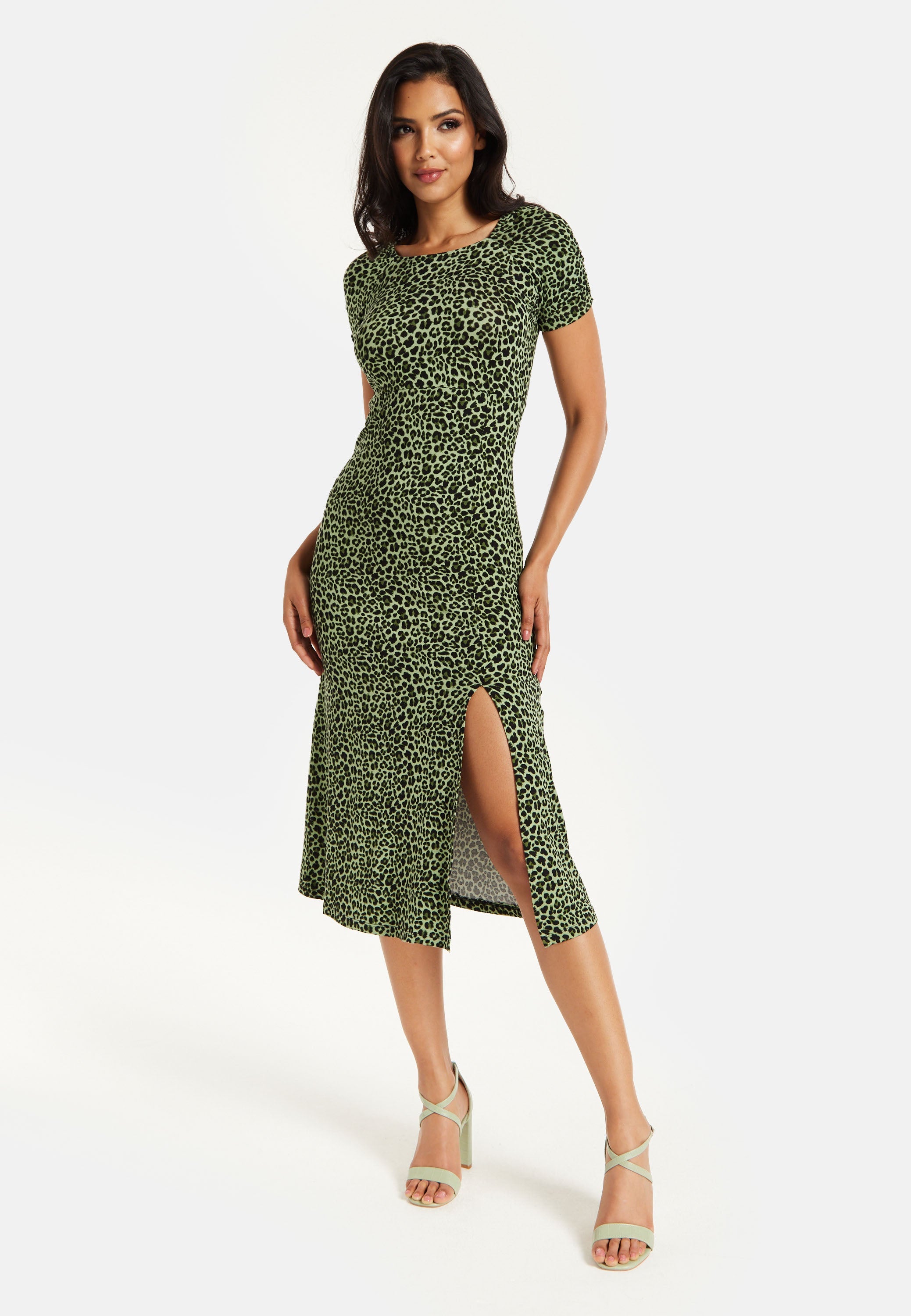 Women's Midi Dress in Khaki Animal Print with Short Sleeves and Front Slit - Liquorish