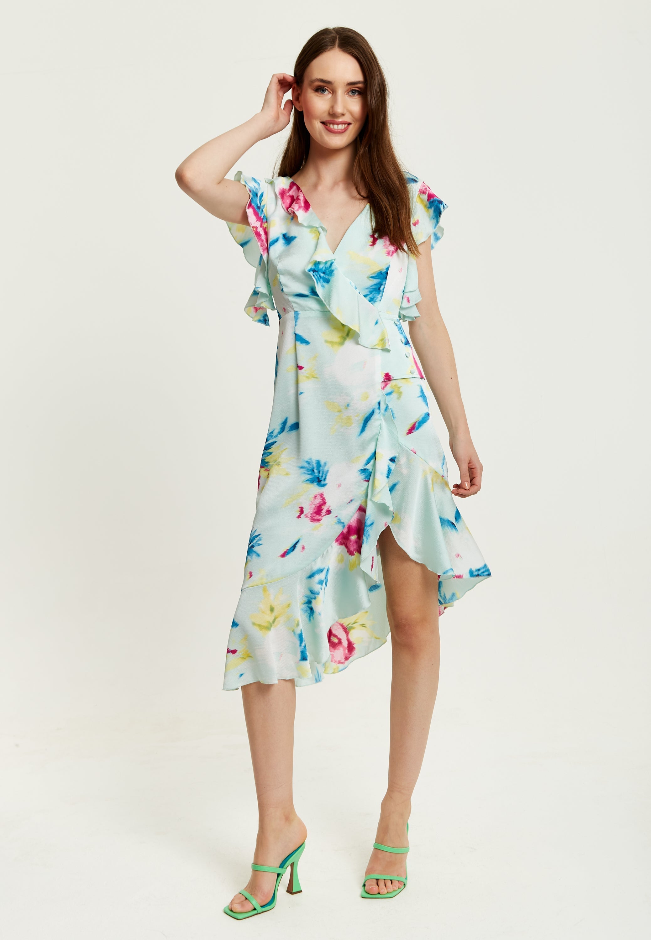 Women's Midi Wrap Dress with Flouncy Sleeves in Mint Green - Elegant Floral Design for Every Occasion by Liquorish