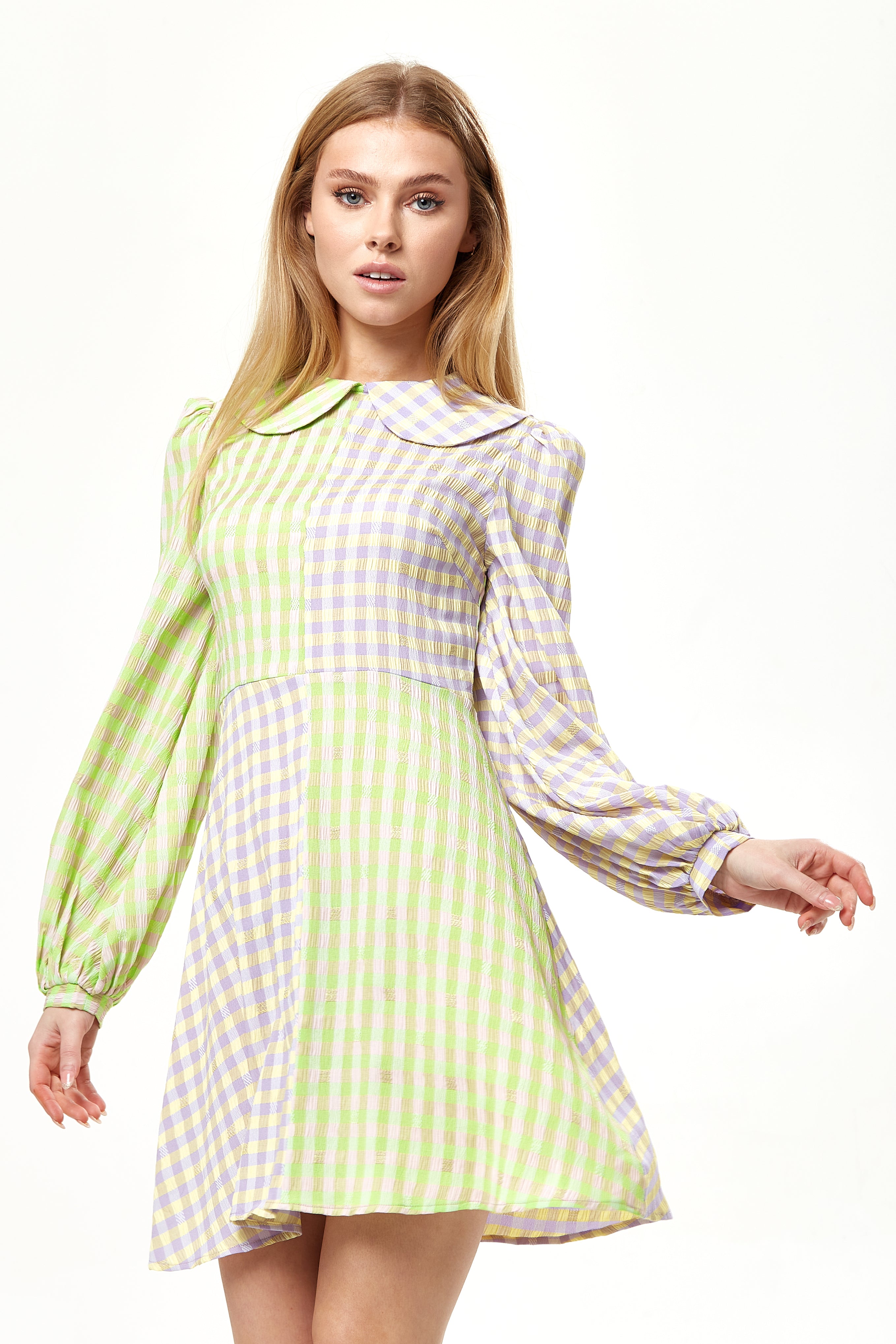 Women's Mini Dress in Green Check with Long Sleeves and Collar - Stylish Elegance by Liquorish