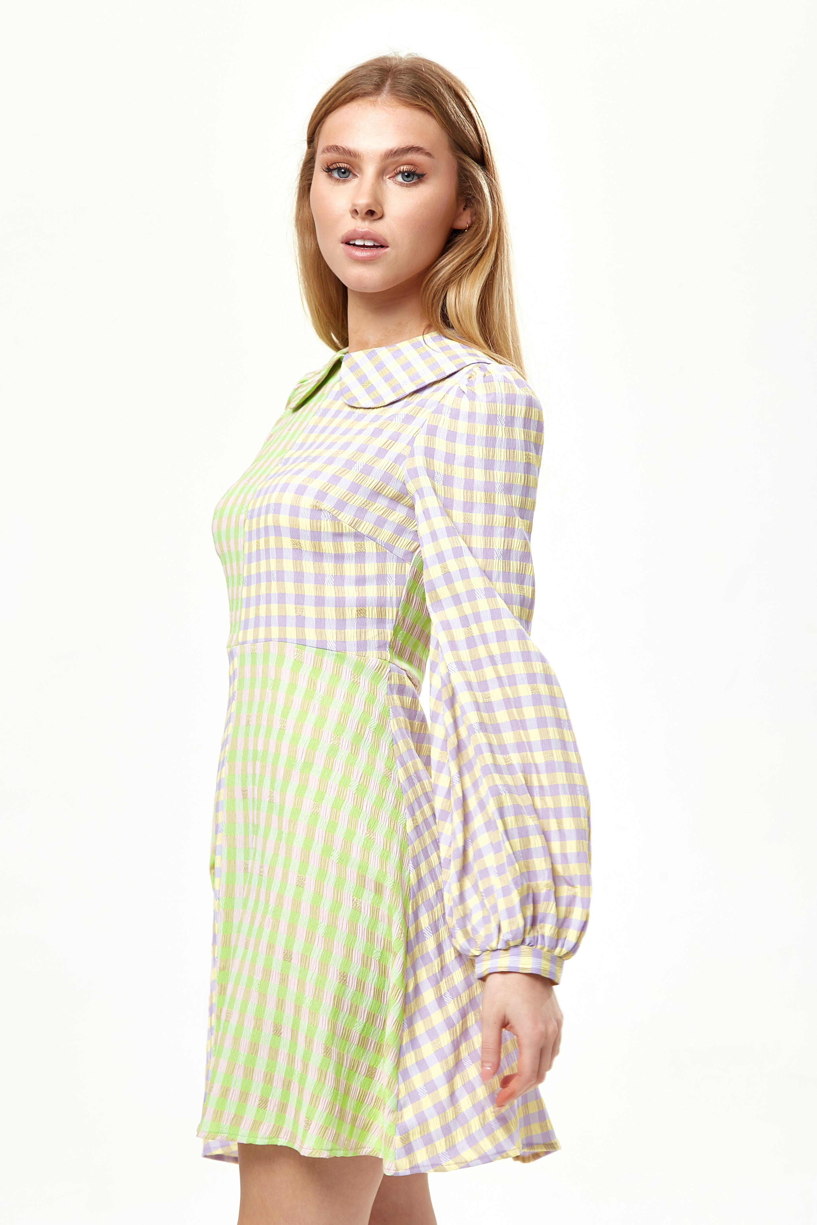 Women's Mini Dress in Green Check with Long Sleeves and Collar - Stylish Elegance by Liquorish