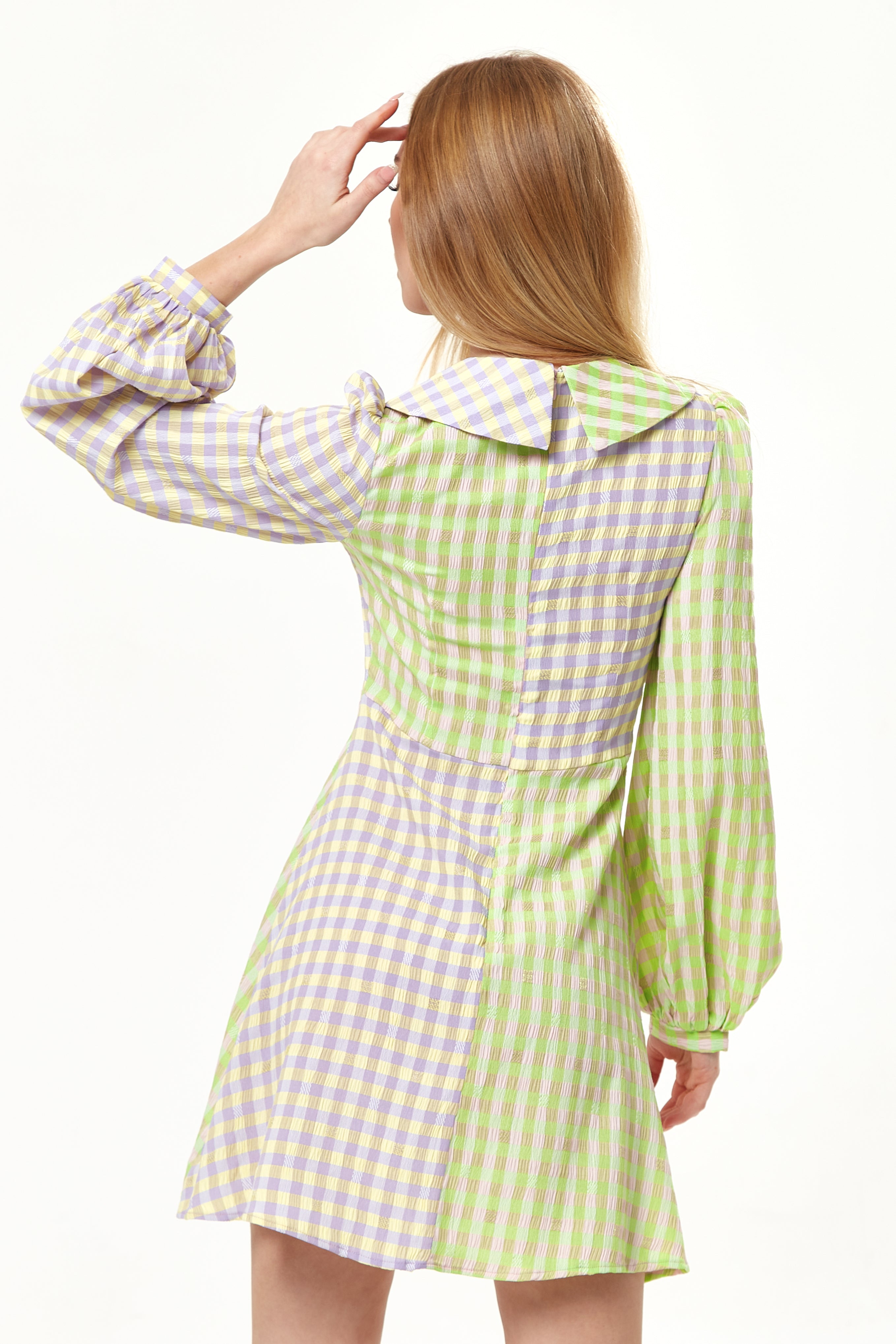 Women's Mini Dress in Green Check with Long Sleeves and Collar - Stylish Elegance by Liquorish