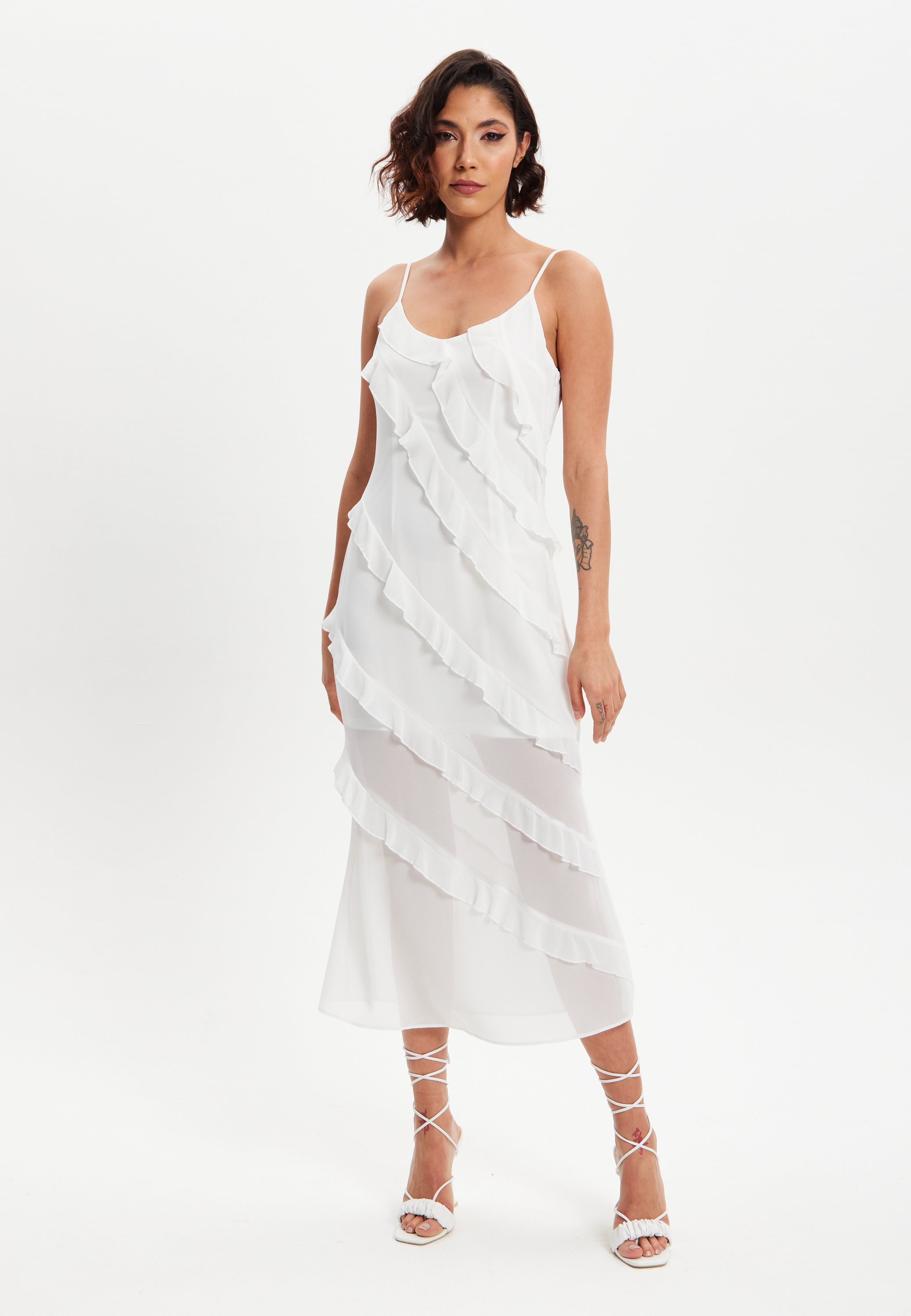 Women's Midi Dress with Adjustable Sleeves in White - Elegant Frill Design by Liquorish