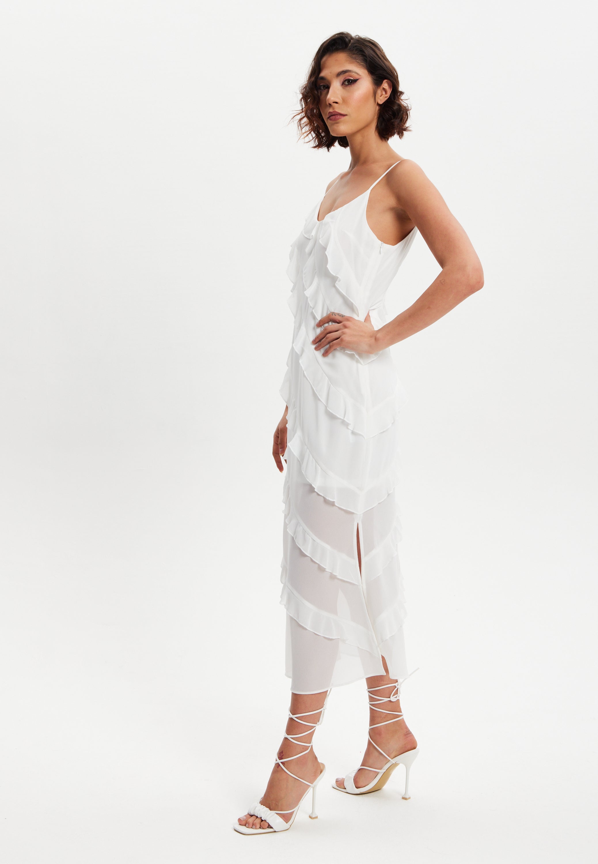 Women's Midi Dress with Adjustable Sleeves in White - Elegant Frill Design by Liquorish