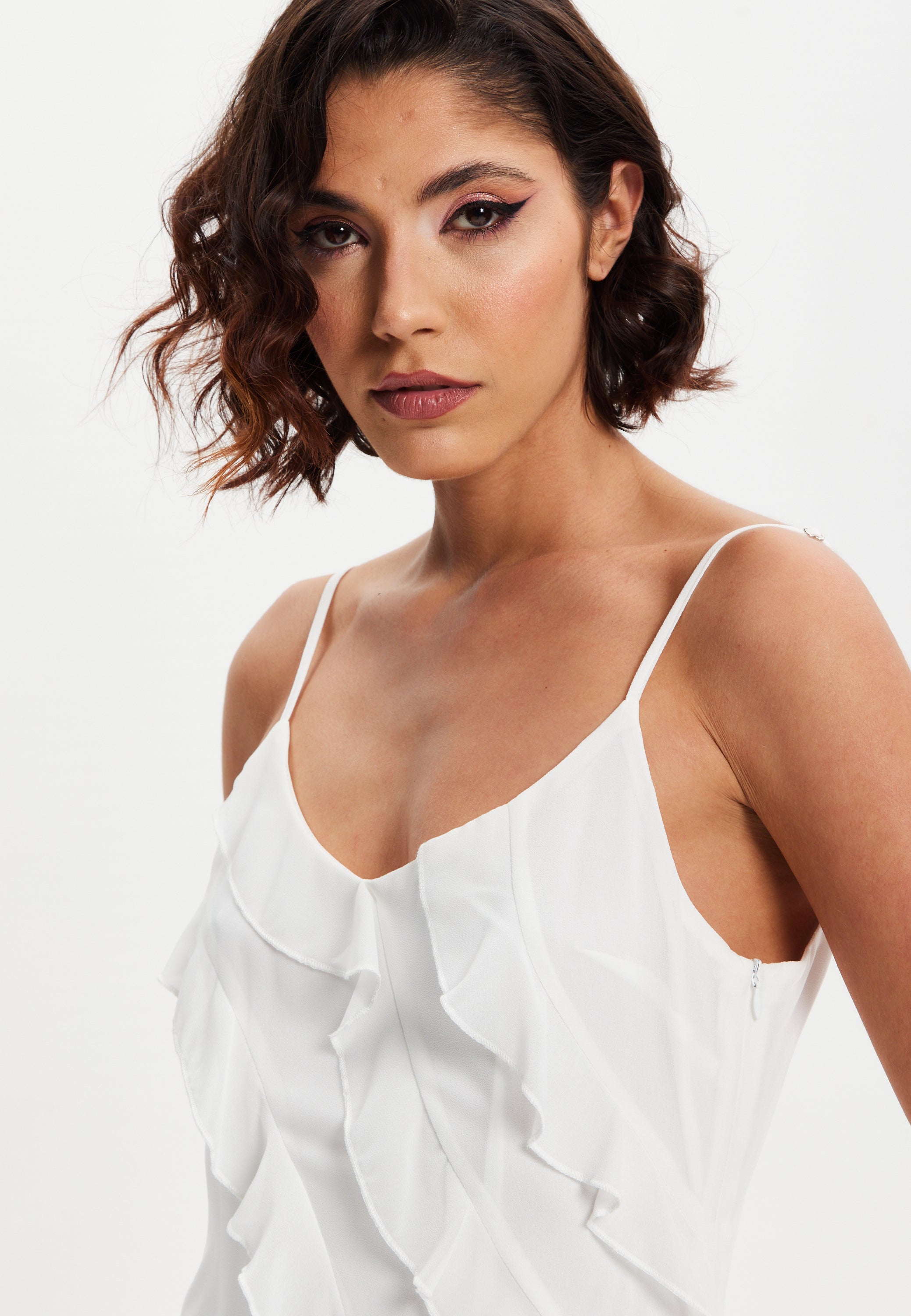 Women's Midi Dress with Adjustable Sleeves in White - Elegant Frill Design by Liquorish