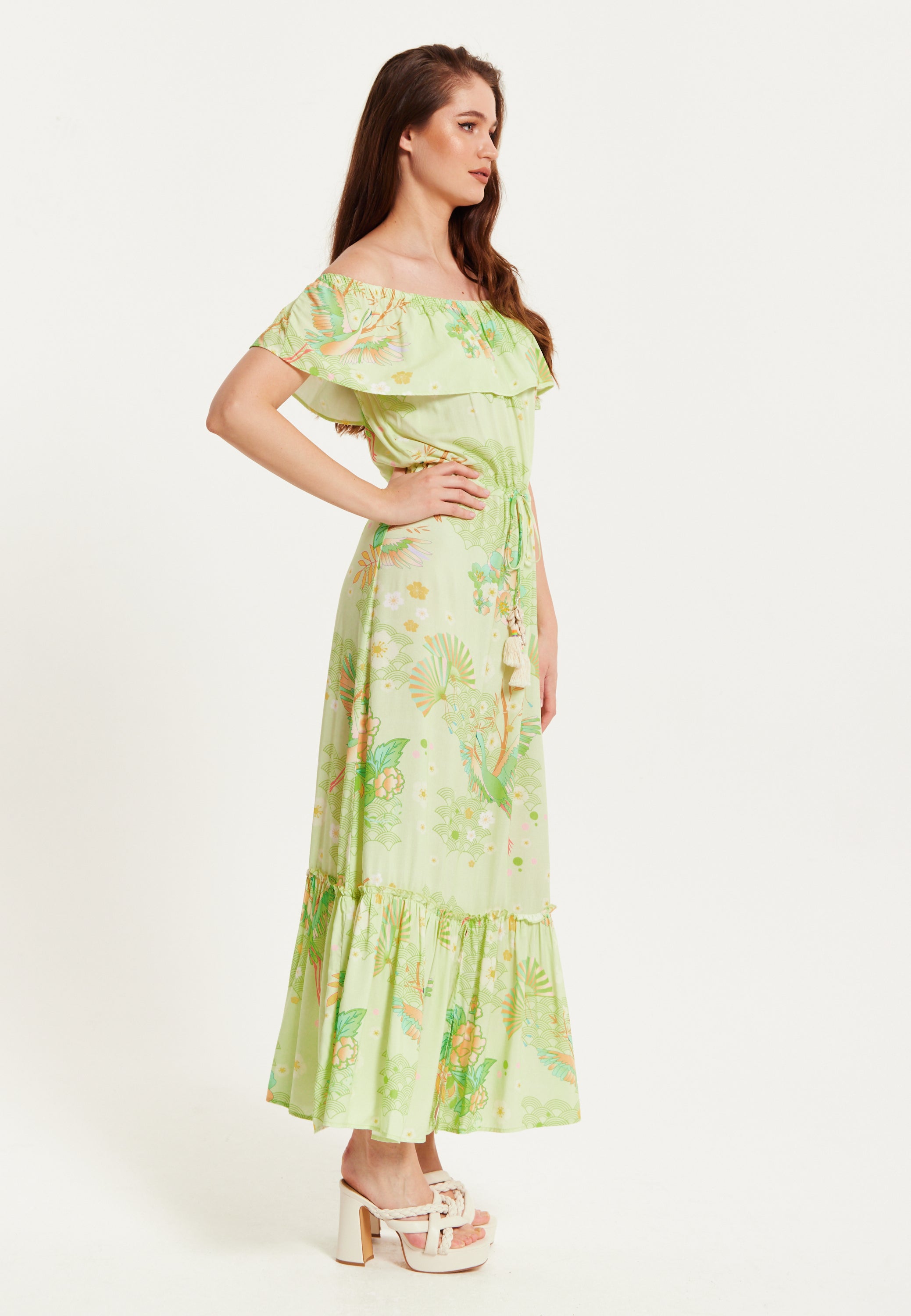 Green Floral Off Shoulder Maxi Dress