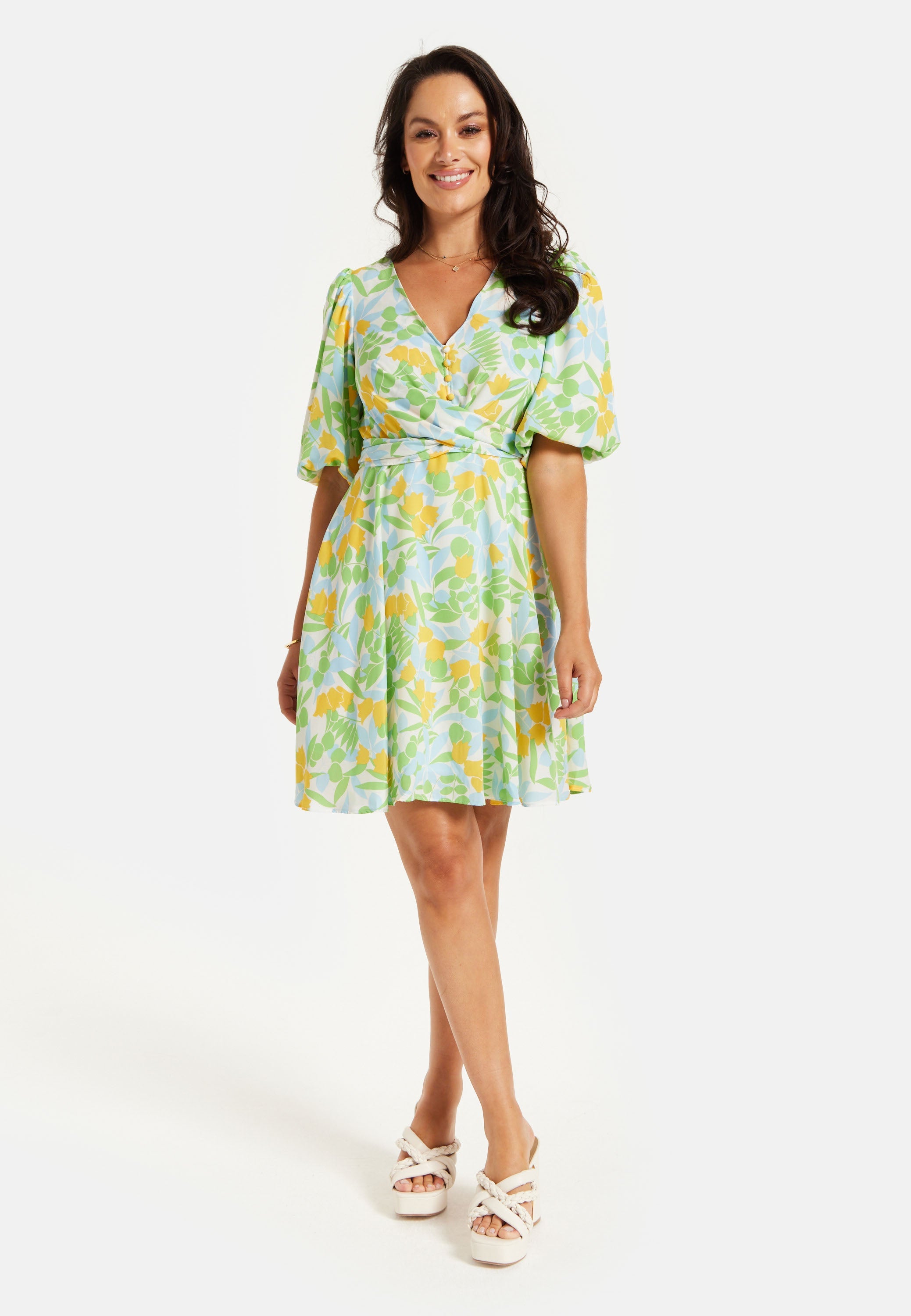 Women's Mini Dress, Yellow Floral Print, V Neck, Balloon Sleeves, Tie Waist, Chic Summer Style