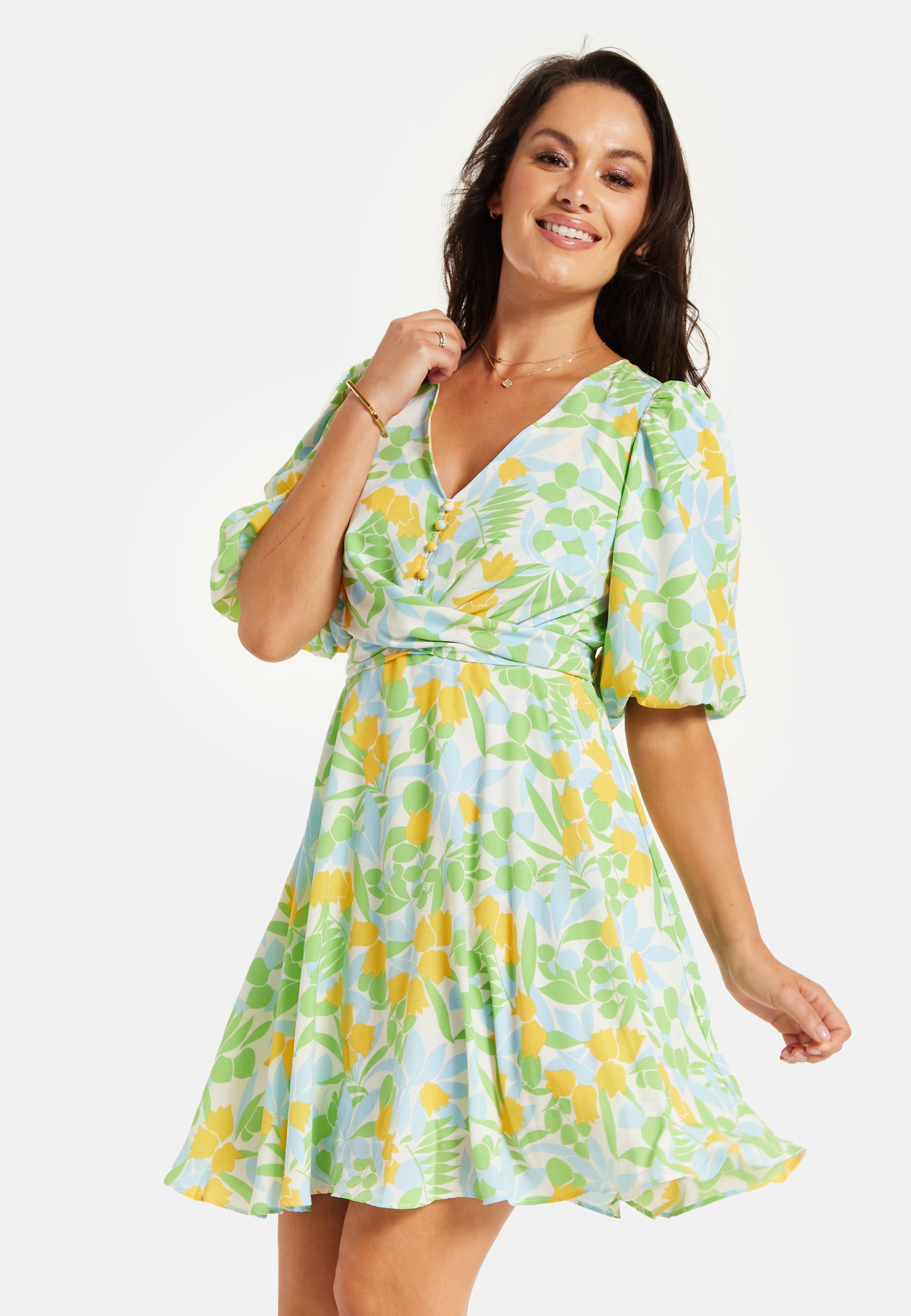 Women's Mini Dress, Yellow Floral Print, V Neck, Balloon Sleeves, Tie Waist, Chic Summer Style