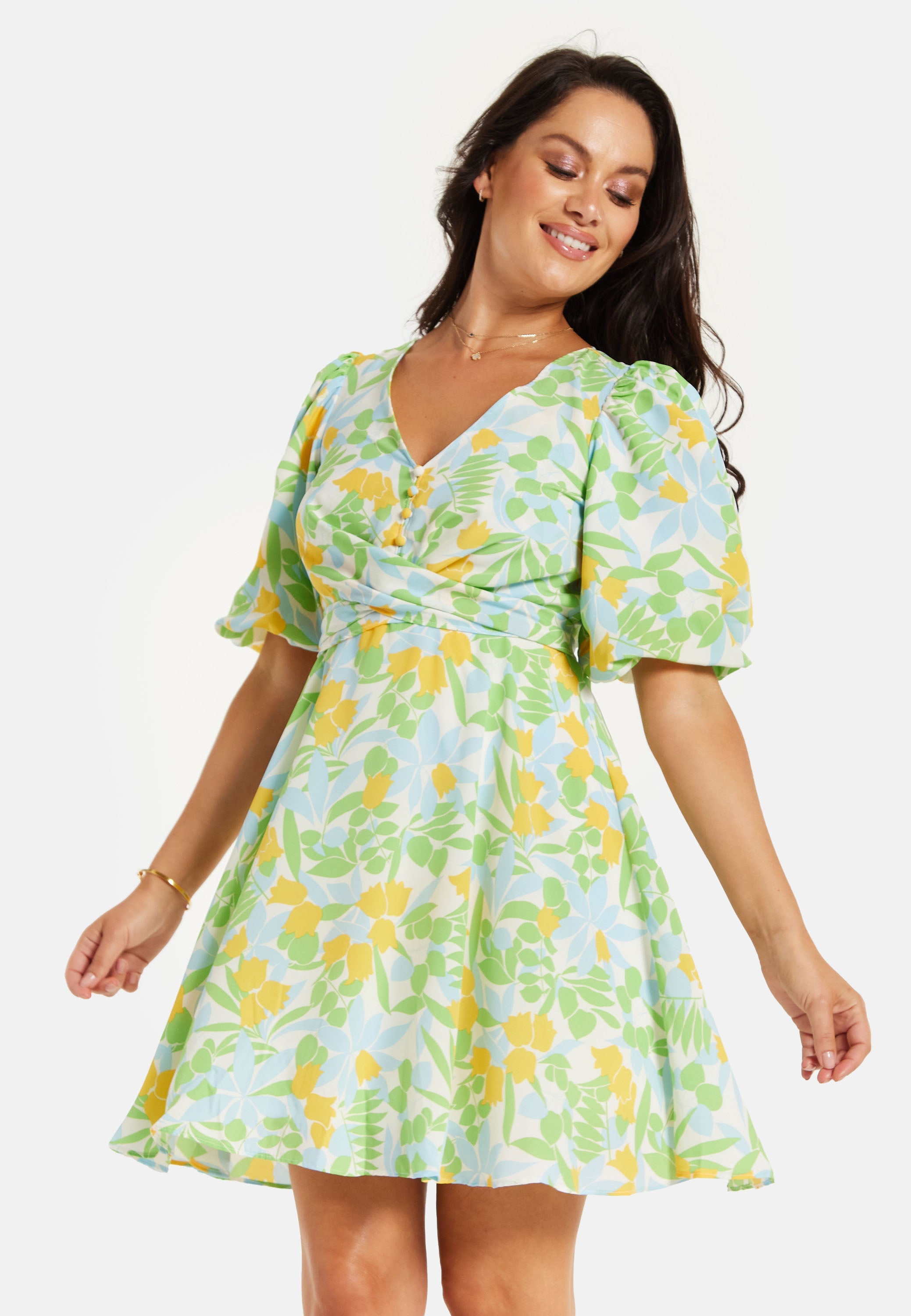 Women's Mini Dress, Yellow Floral Print, V Neck, Balloon Sleeves, Tie Waist, Chic Summer Style