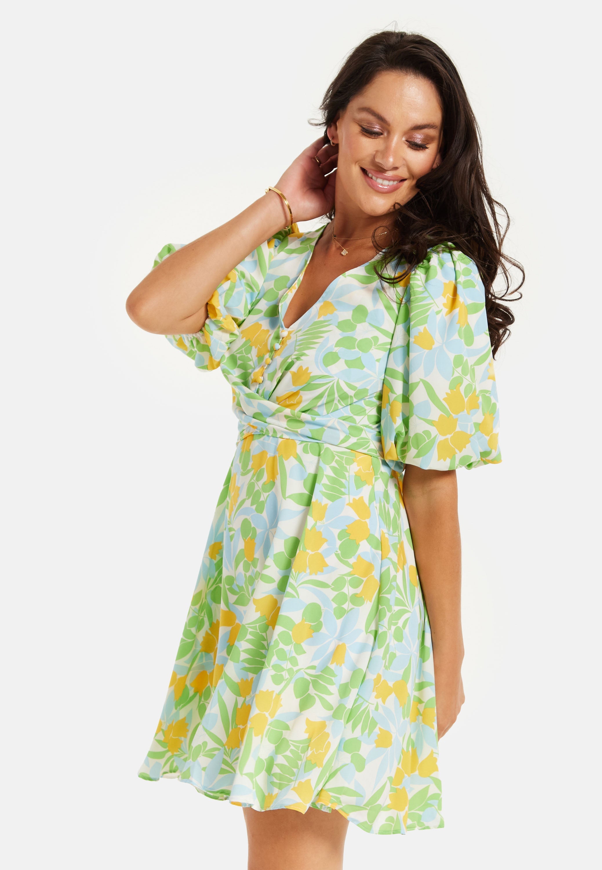Women's Mini Dress, Yellow Floral Print, V Neck, Balloon Sleeves, Tie Waist, Chic Summer Style