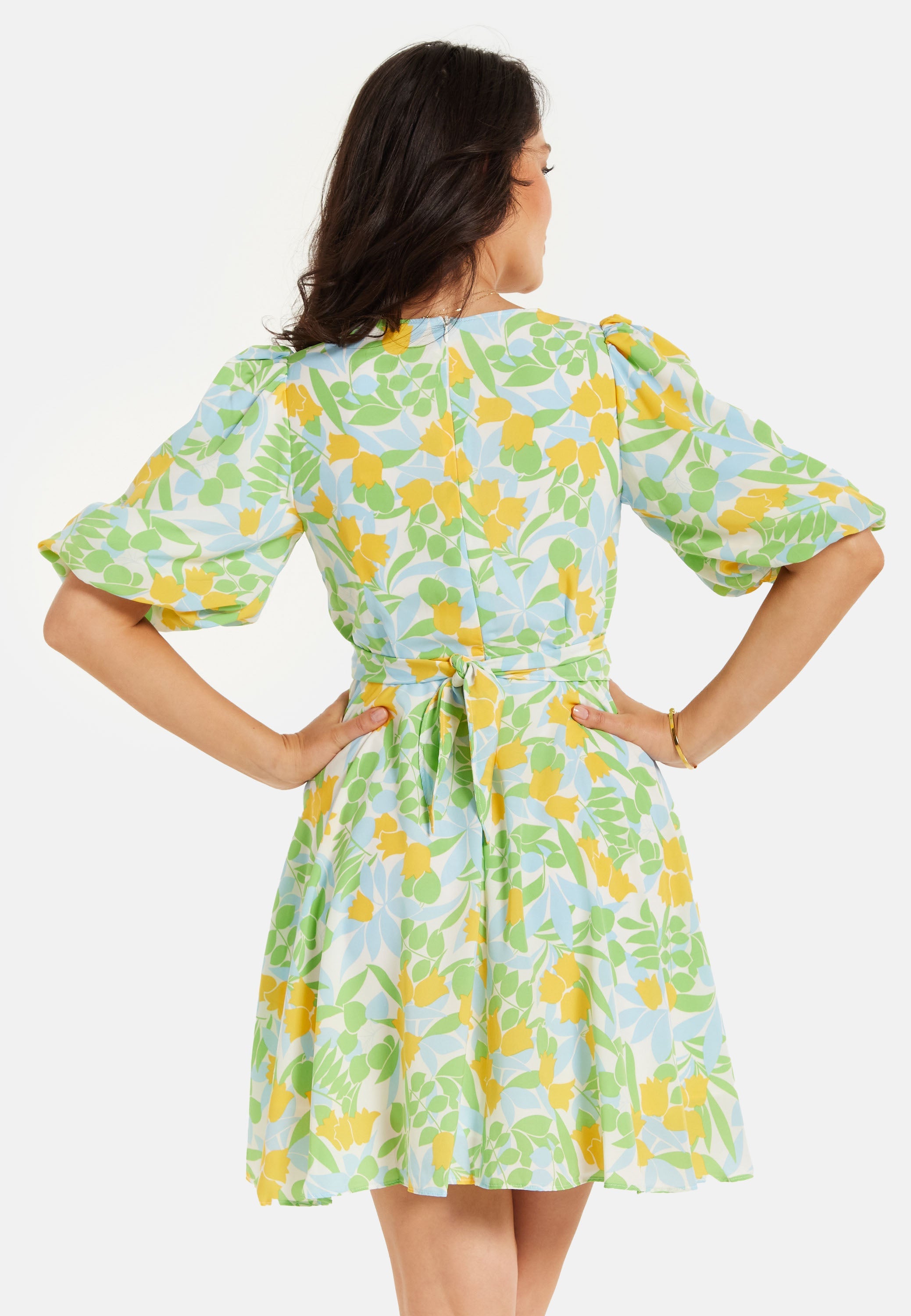 Women's Mini Dress, Yellow Floral Print, V Neck, Balloon Sleeves, Tie Waist, Chic Summer Style