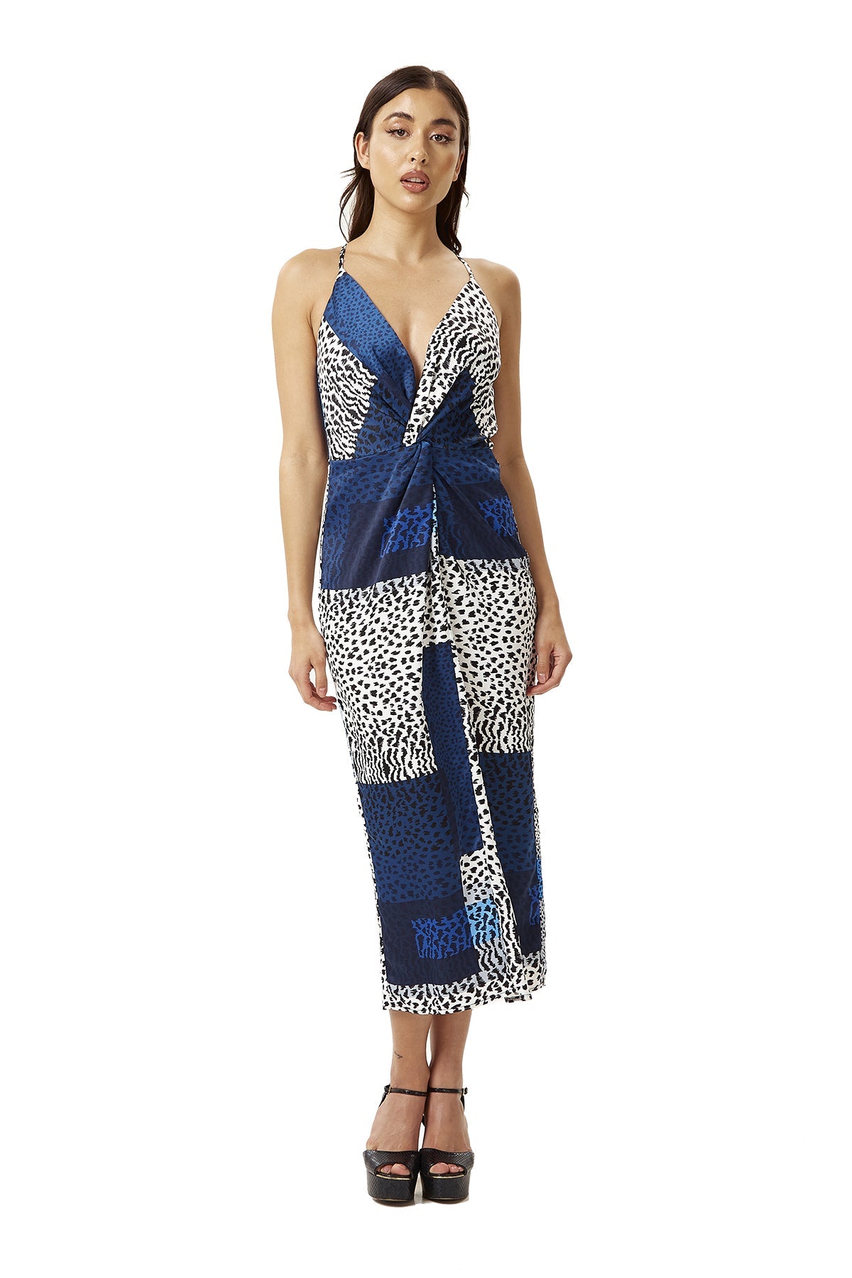 Women's Midi Dress in Blue Square Animal Print with Adjustable Straps - Regular Fit, Liquorish