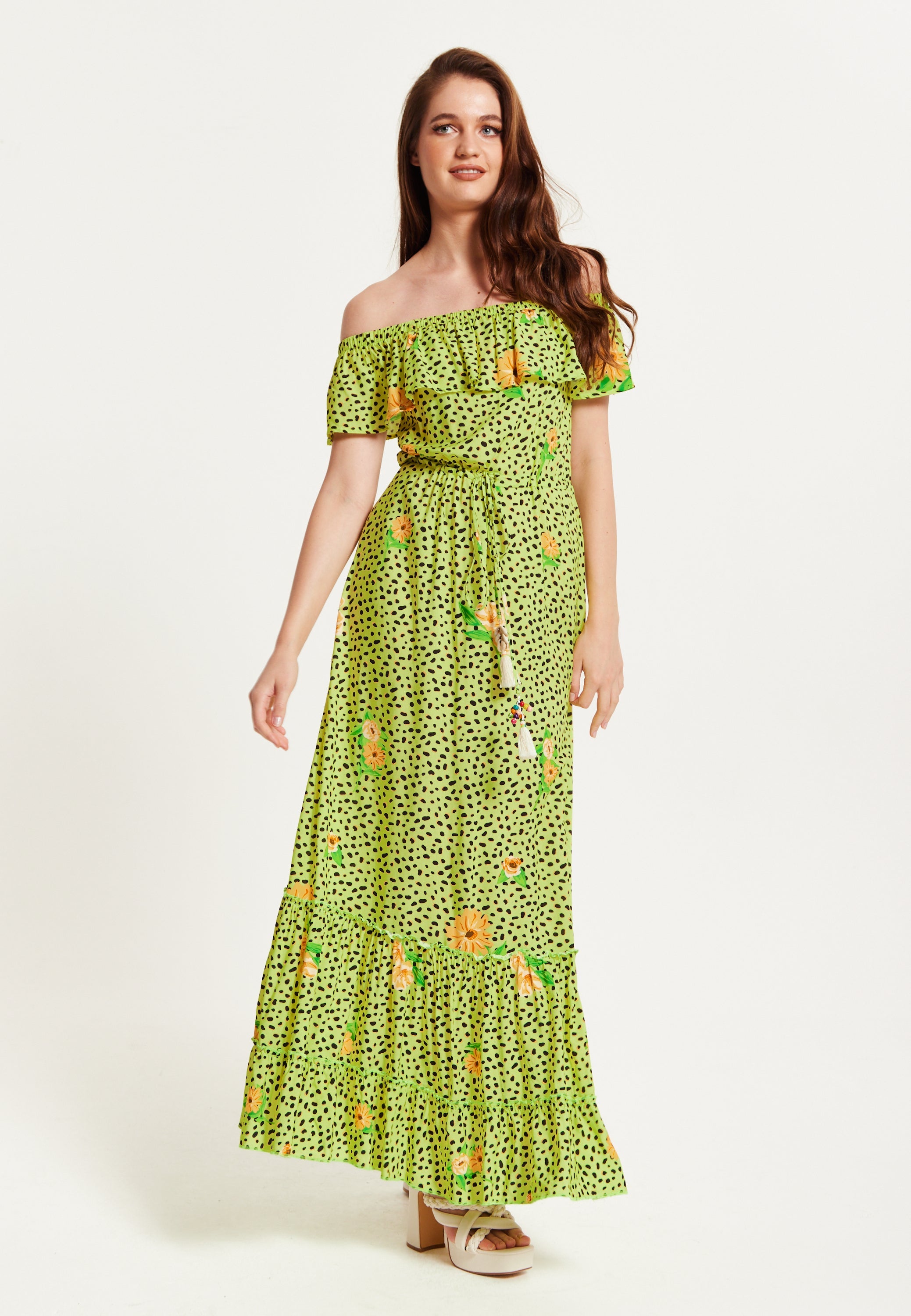 Women's Maxi Dress in Neon Green with Off Shoulder Sleeves and Tie Waist Detail - Liquorish