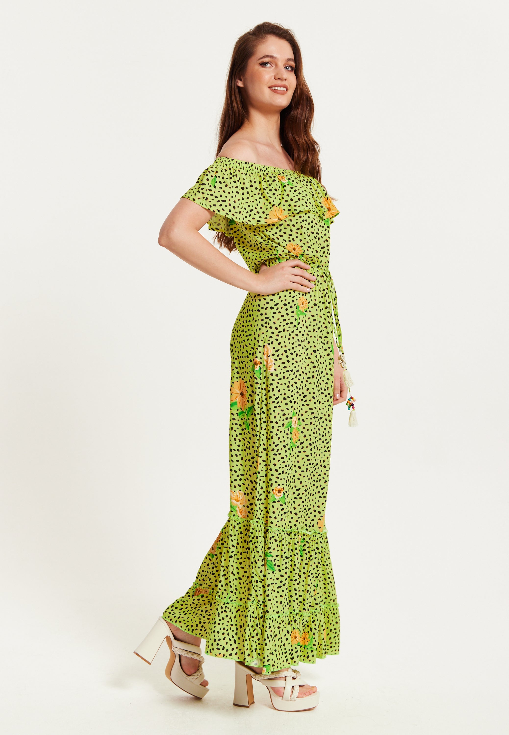 Women's Maxi Dress in Neon Green with Off Shoulder Sleeves and Tie Waist Detail - Liquorish