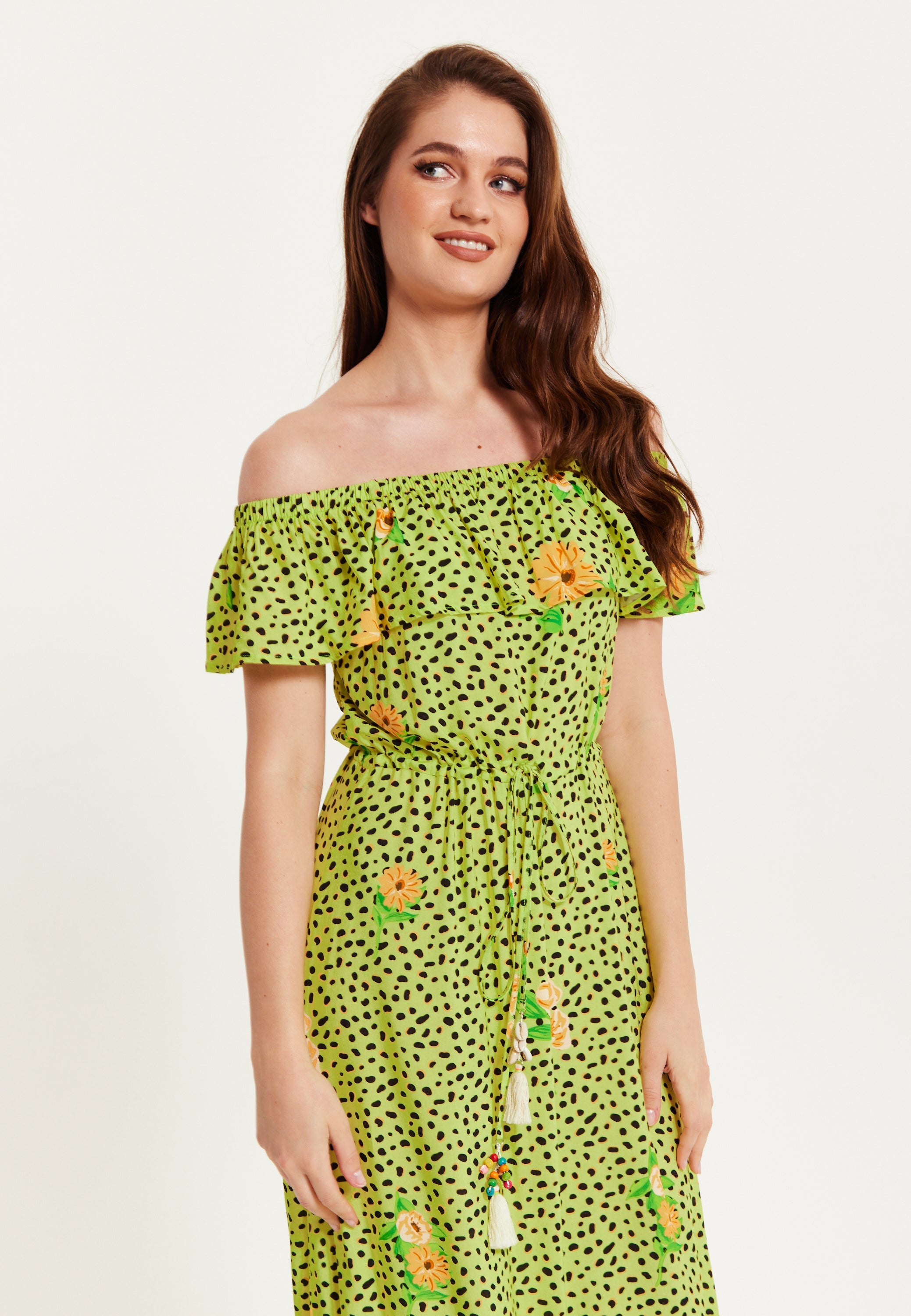 Women's Maxi Dress in Neon Green with Off Shoulder Sleeves and Tie Waist Detail - Liquorish