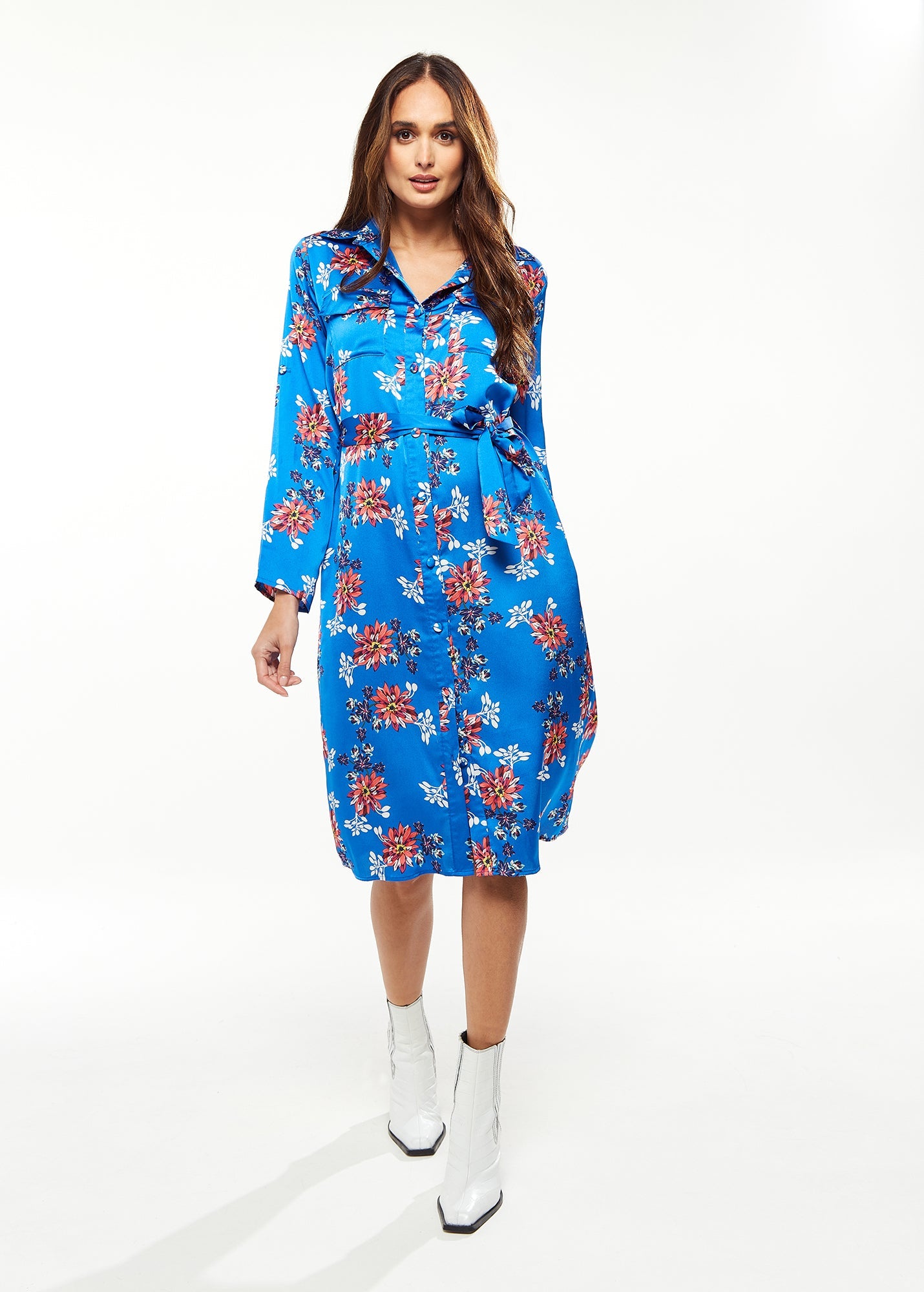 Women's Midi Dress in Bright Blue with Floral Print, Long Sleeve, Button Front and Functional Pockets