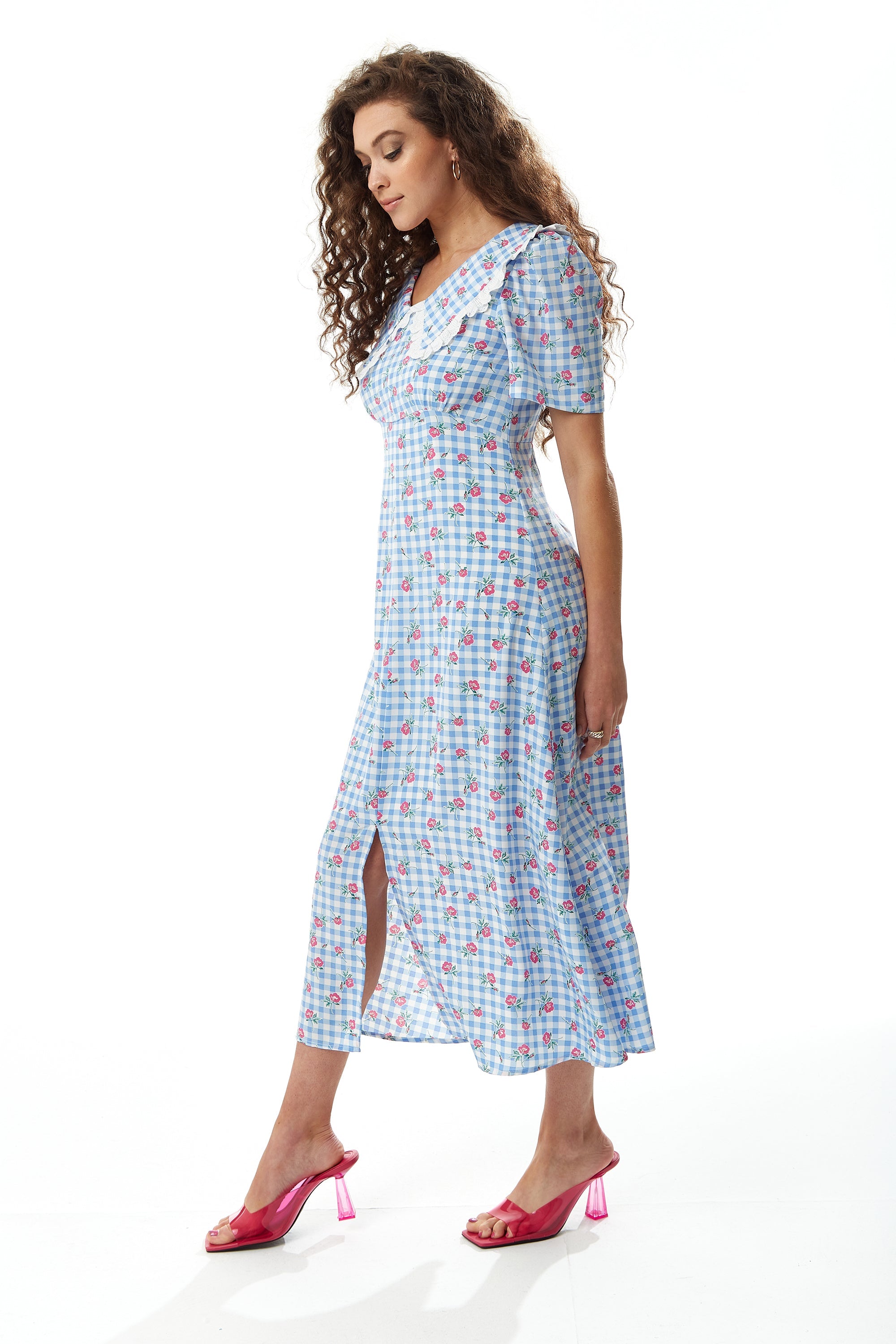 Women's Midi Dress in Blue and White Gingham with Floral Print and Trim Lace Collar - Short Sleeves, Liquorish