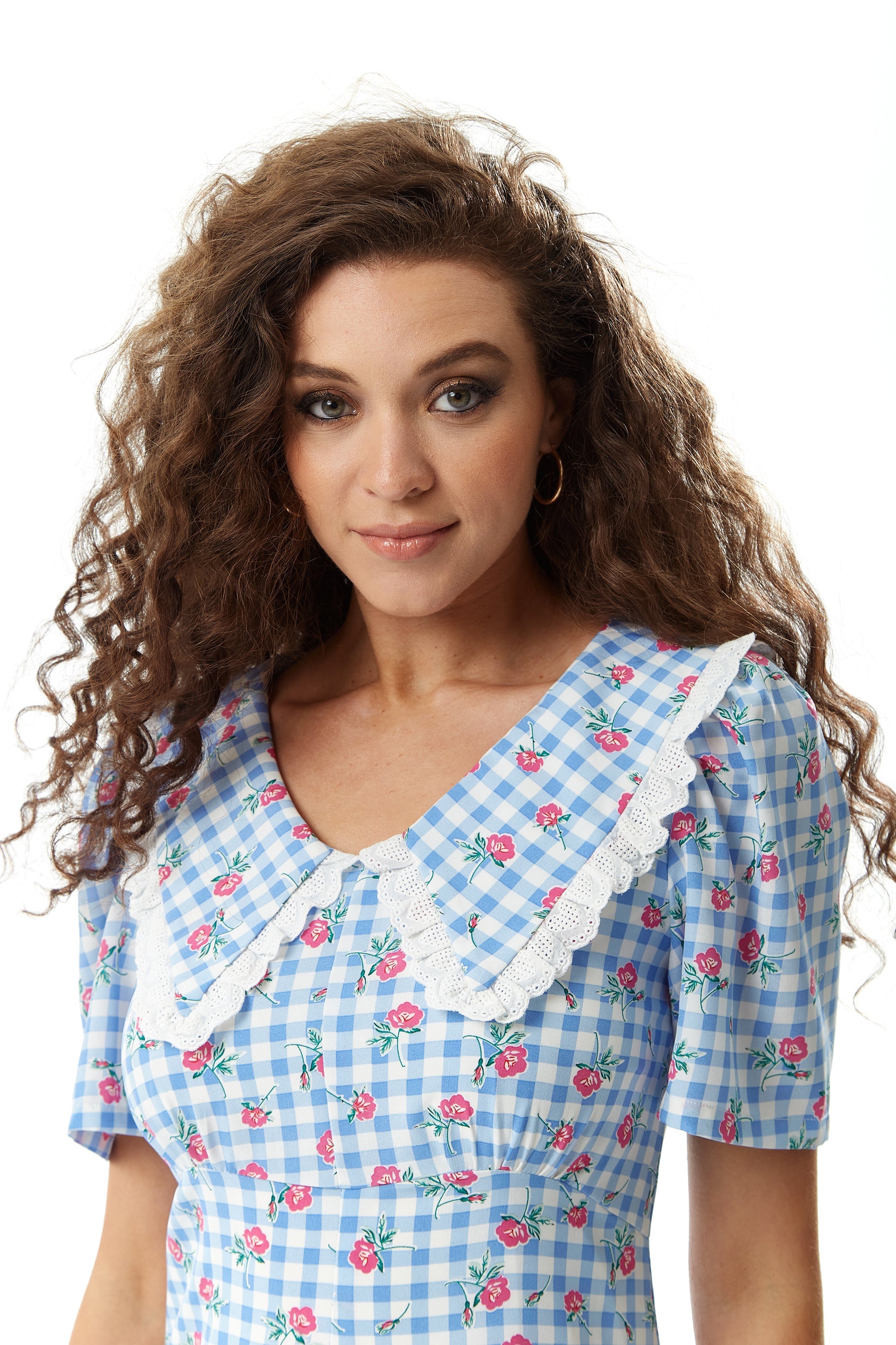 Women's Midi Dress in Blue and White Gingham with Floral Print and Trim Lace Collar - Short Sleeves, Liquorish