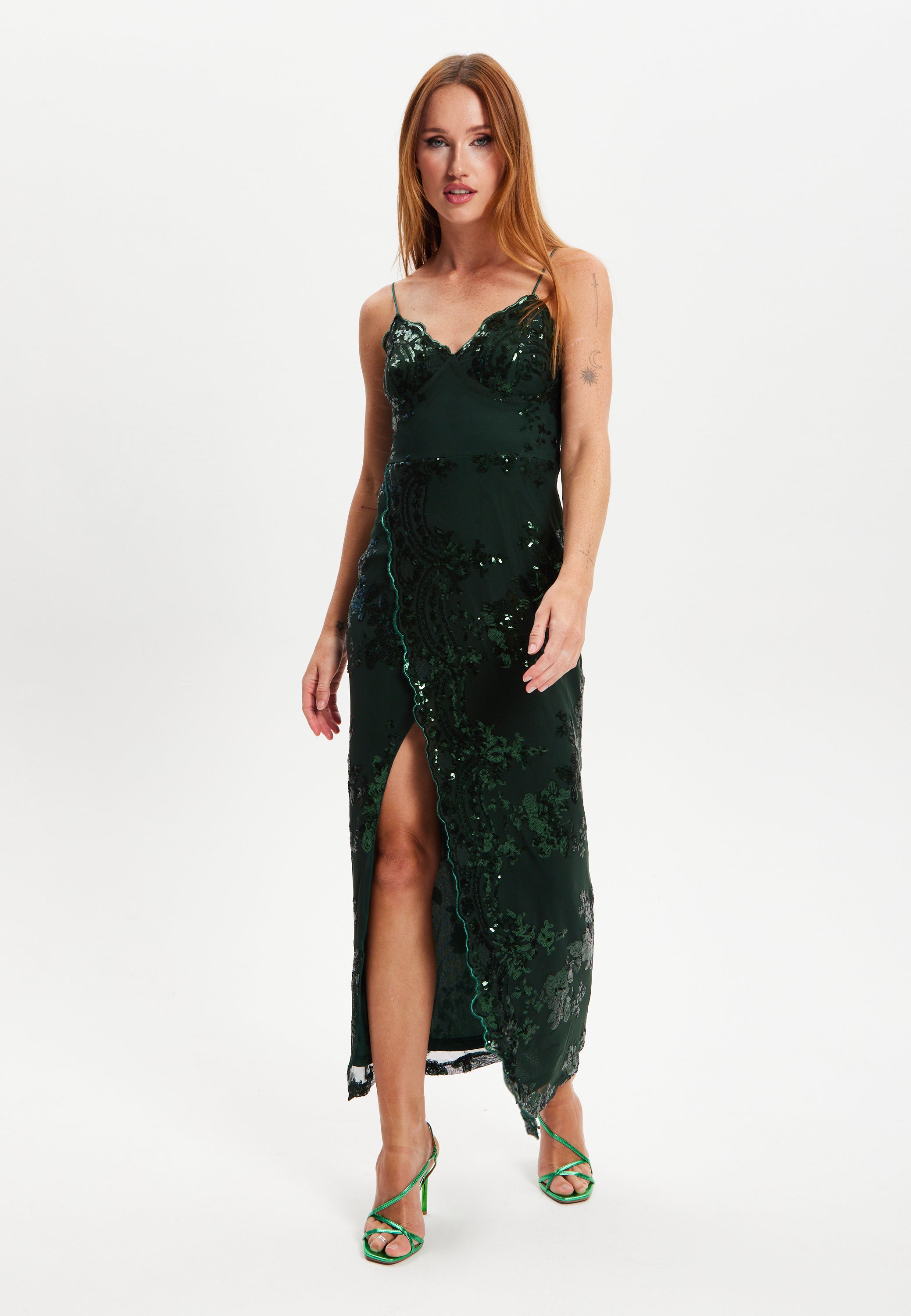 Women's Maxi Dress with Long Slit and Slim Fit in Forest Green Sequin - Liquorish