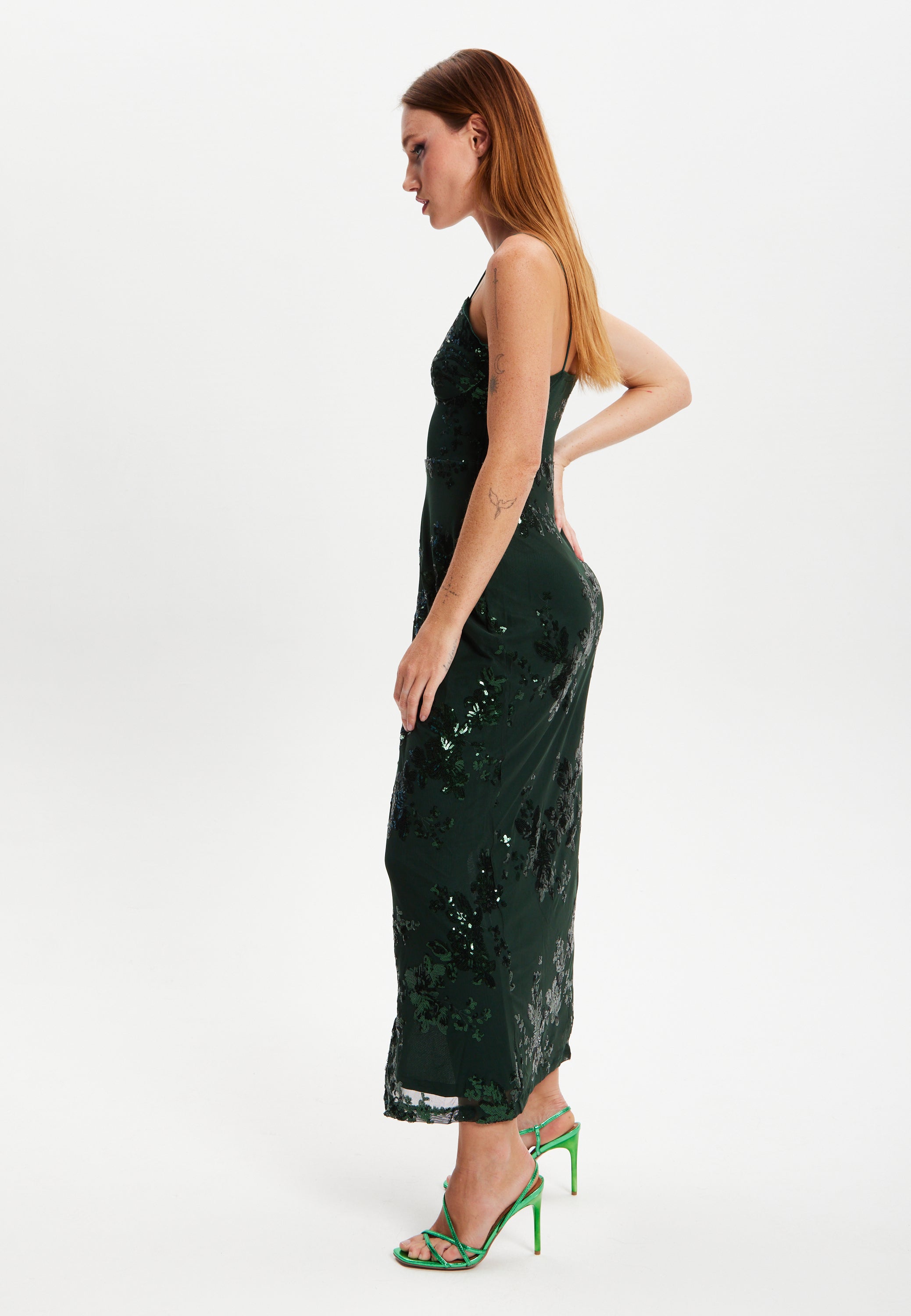 Women's Maxi Dress with Long Slit and Slim Fit in Forest Green Sequin - Liquorish