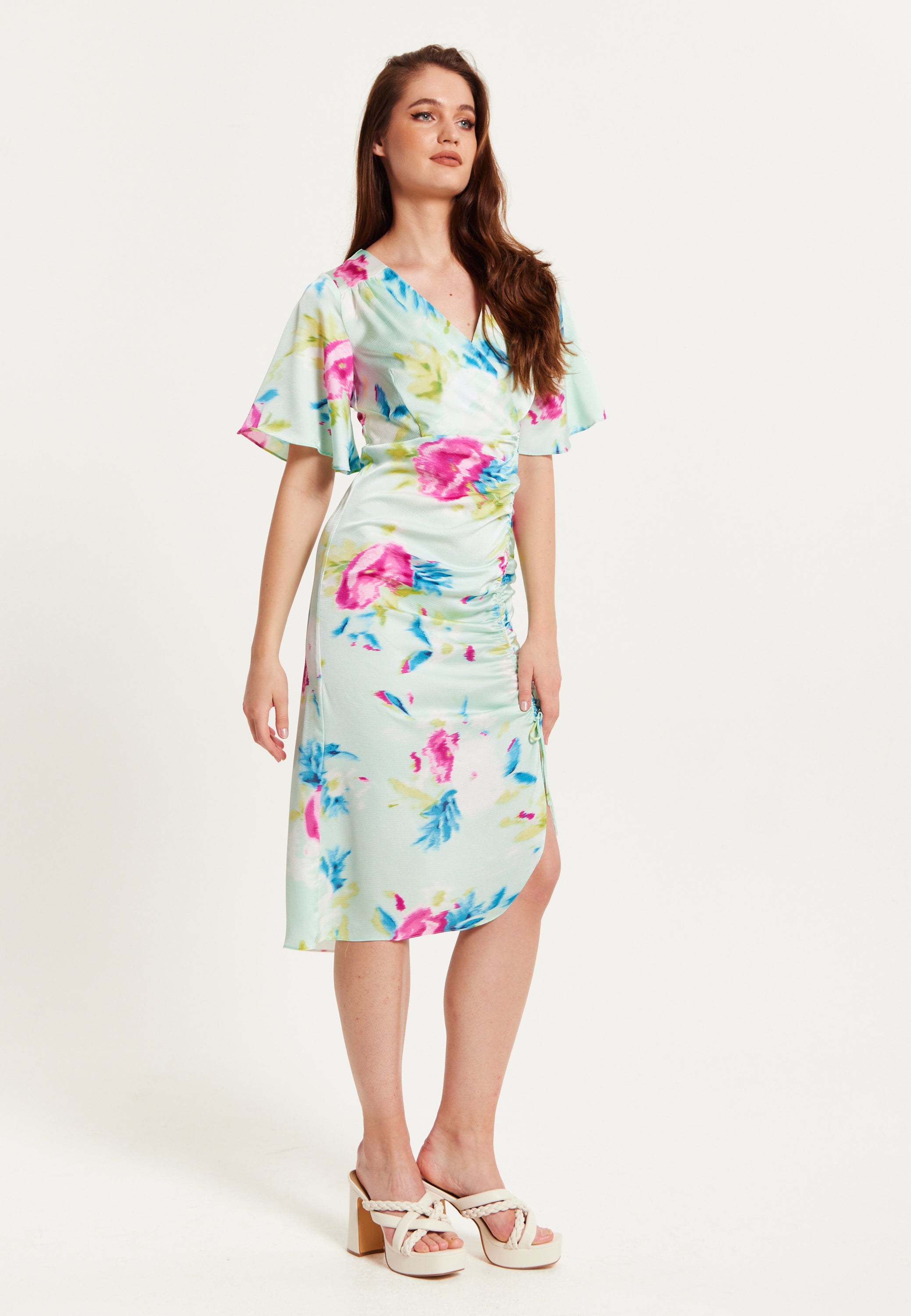 Women's Midi Wrap Dress with Kimono Sleeves and Floral Print in Mint Green - Liquorish