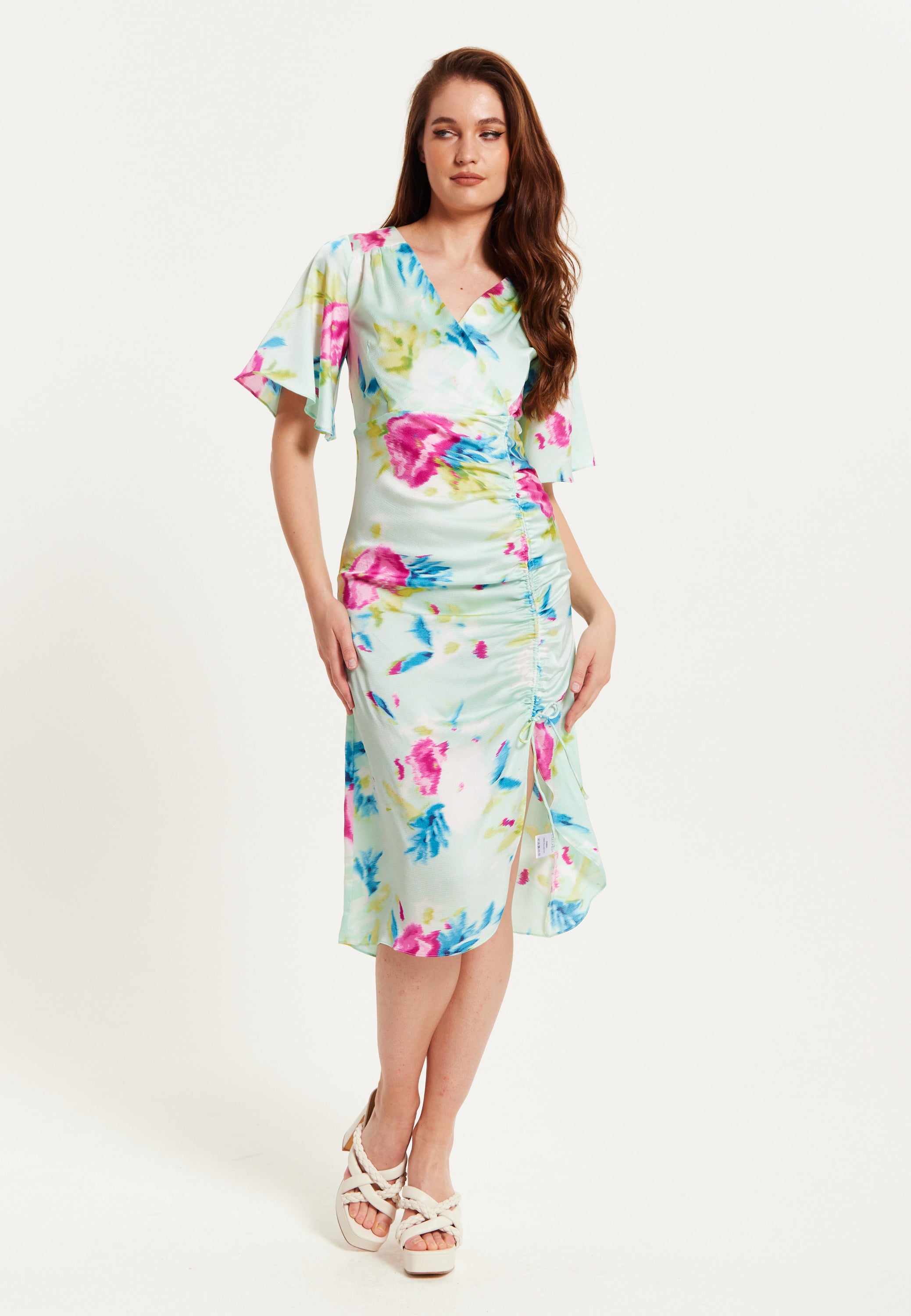 Women's Midi Wrap Dress with Kimono Sleeves and Floral Print in Mint Green - Liquorish