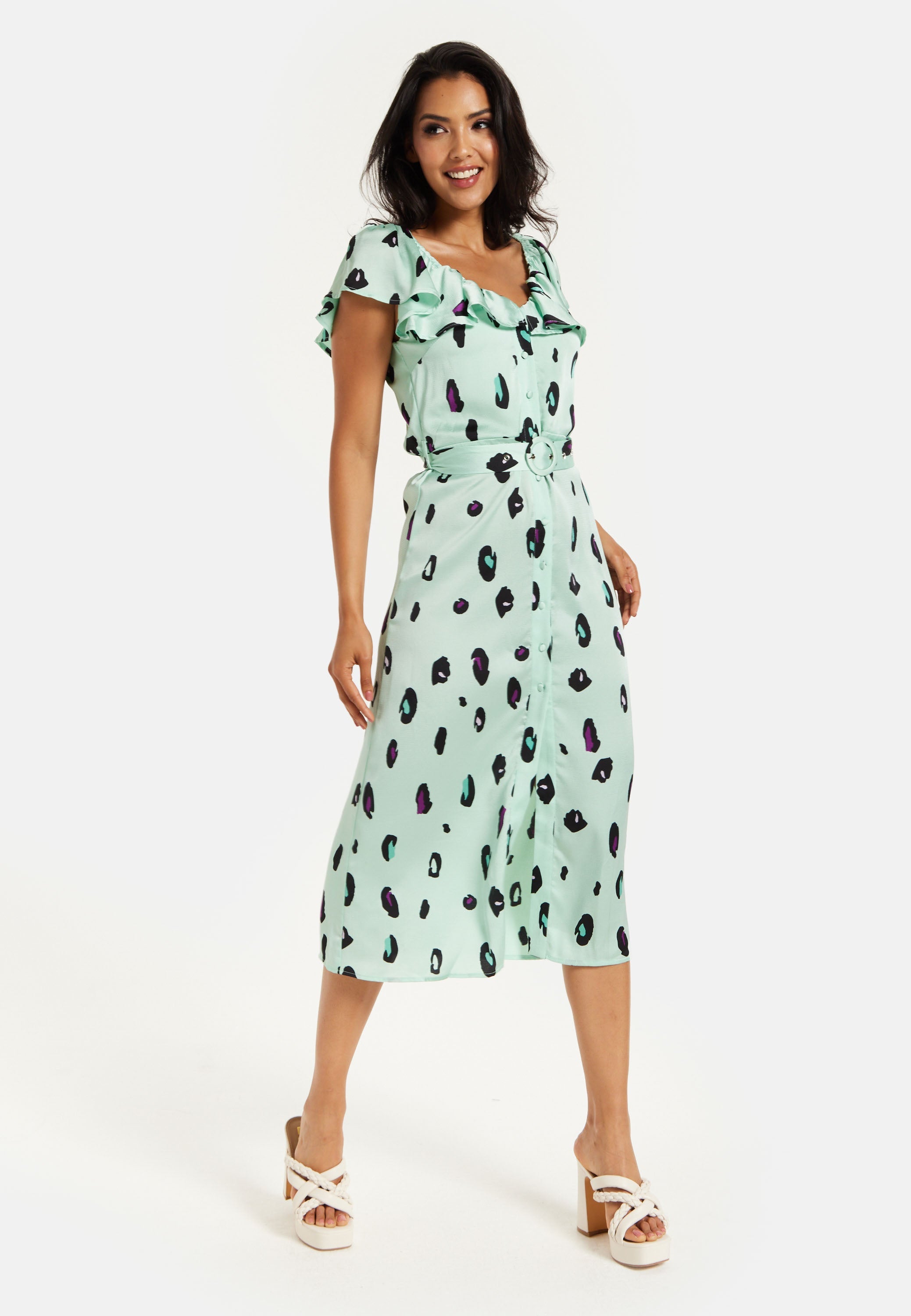 Women's Midi Dress with Off Shoulder Sleeves in Mint Animal Print - Liquorish