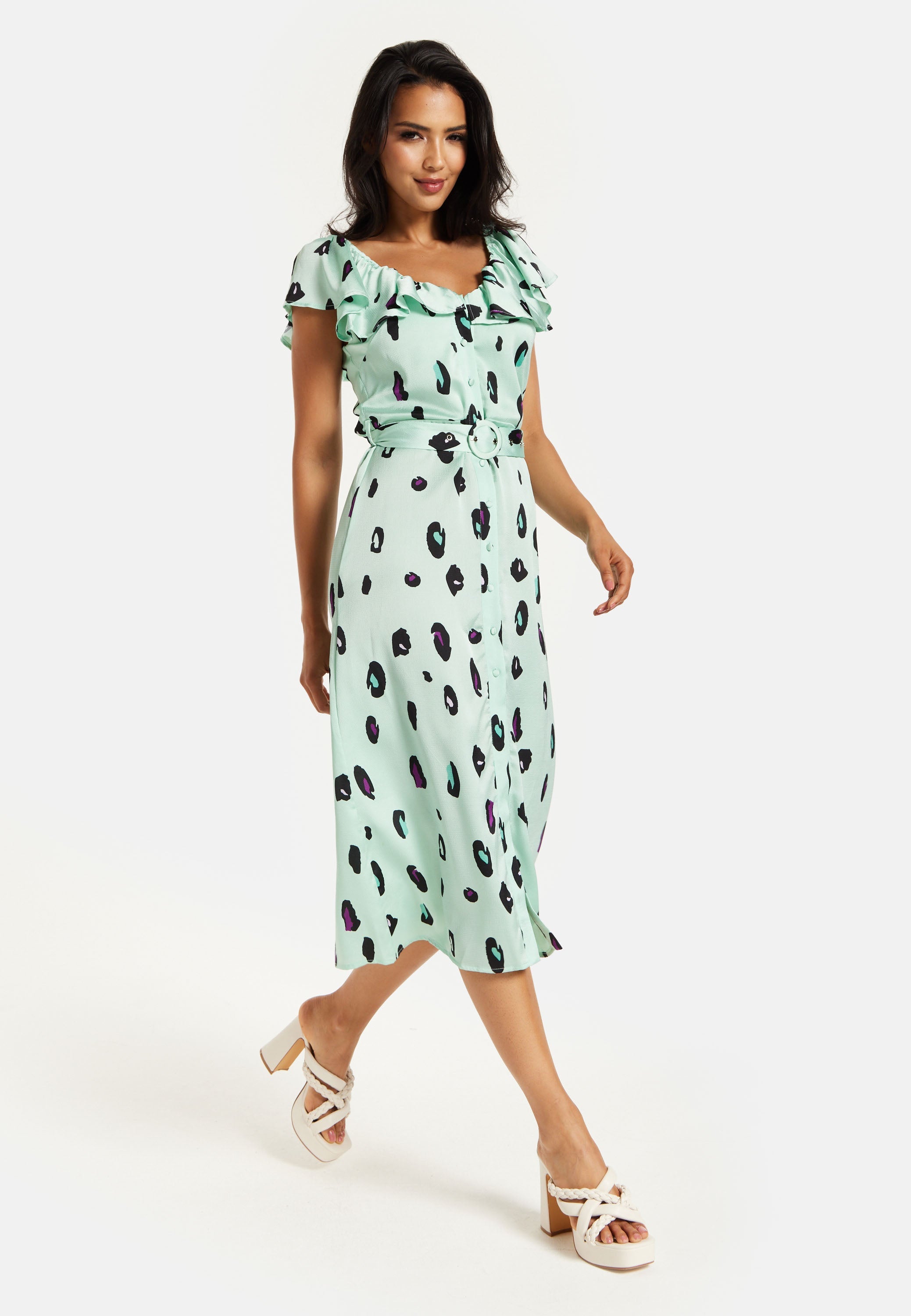 Women's Midi Dress with Off Shoulder Sleeves in Mint Animal Print - Liquorish