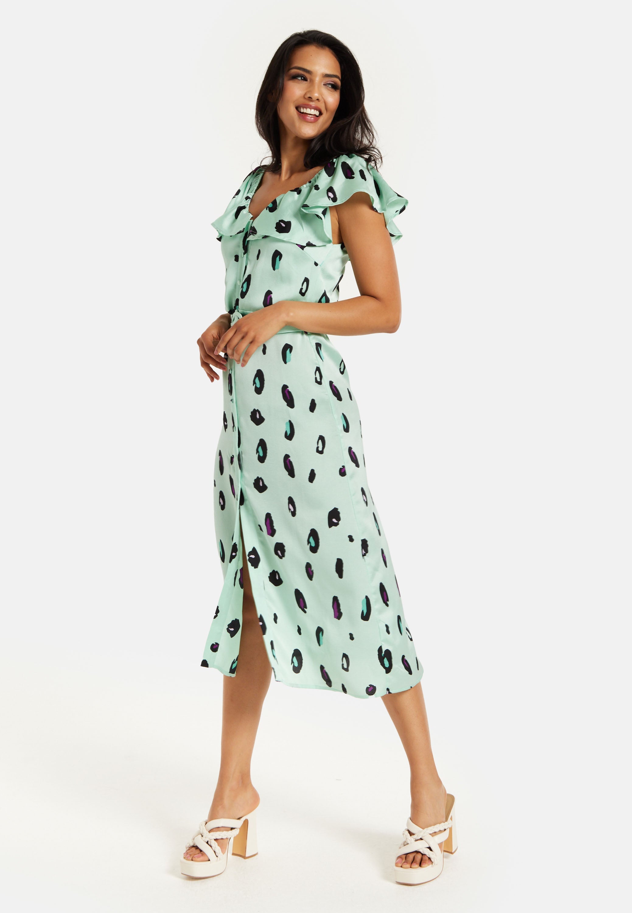 Women's Midi Dress with Off Shoulder Sleeves in Mint Animal Print - Liquorish
