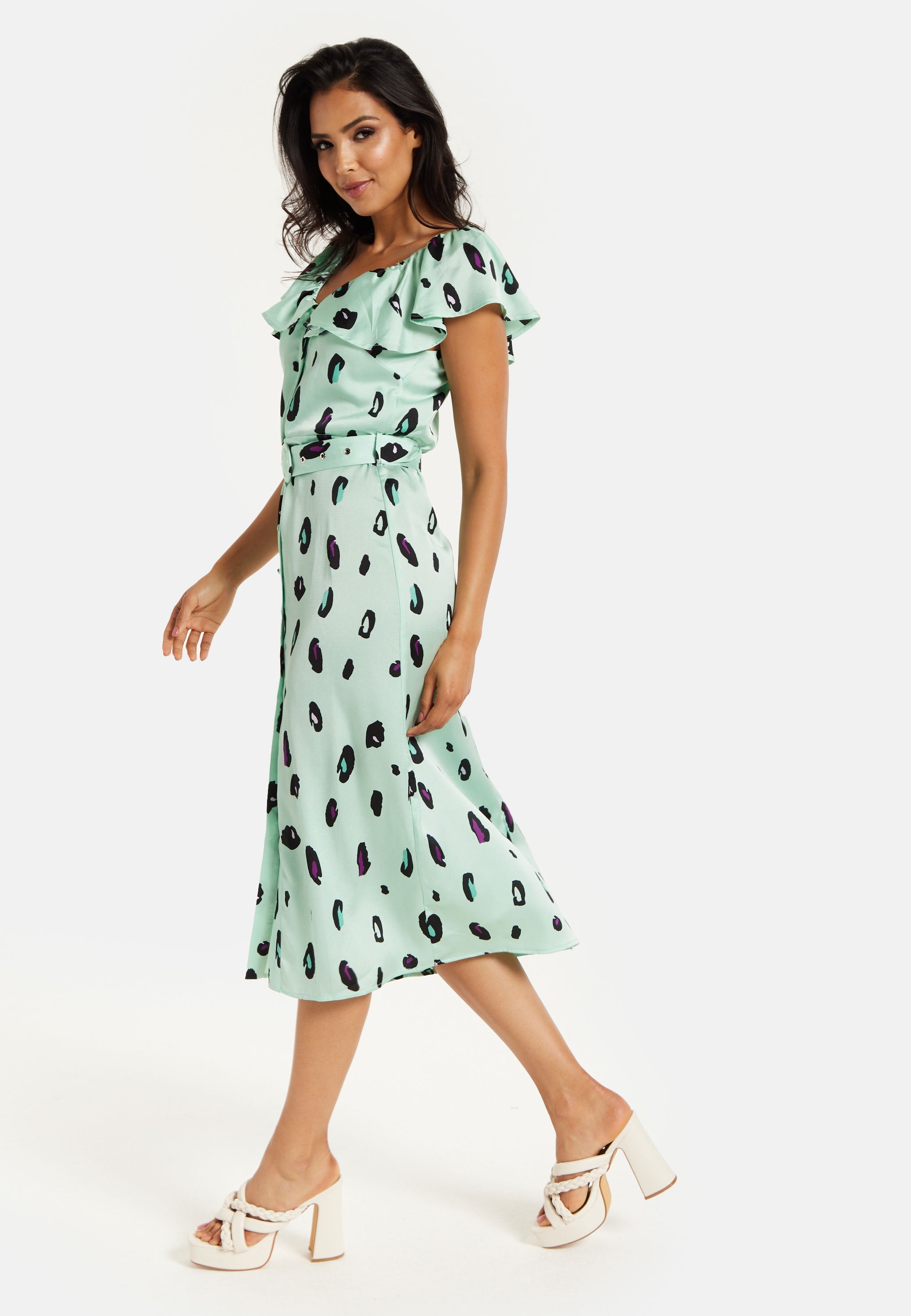 Women's Midi Dress with Off Shoulder Sleeves in Mint Animal Print - Liquorish