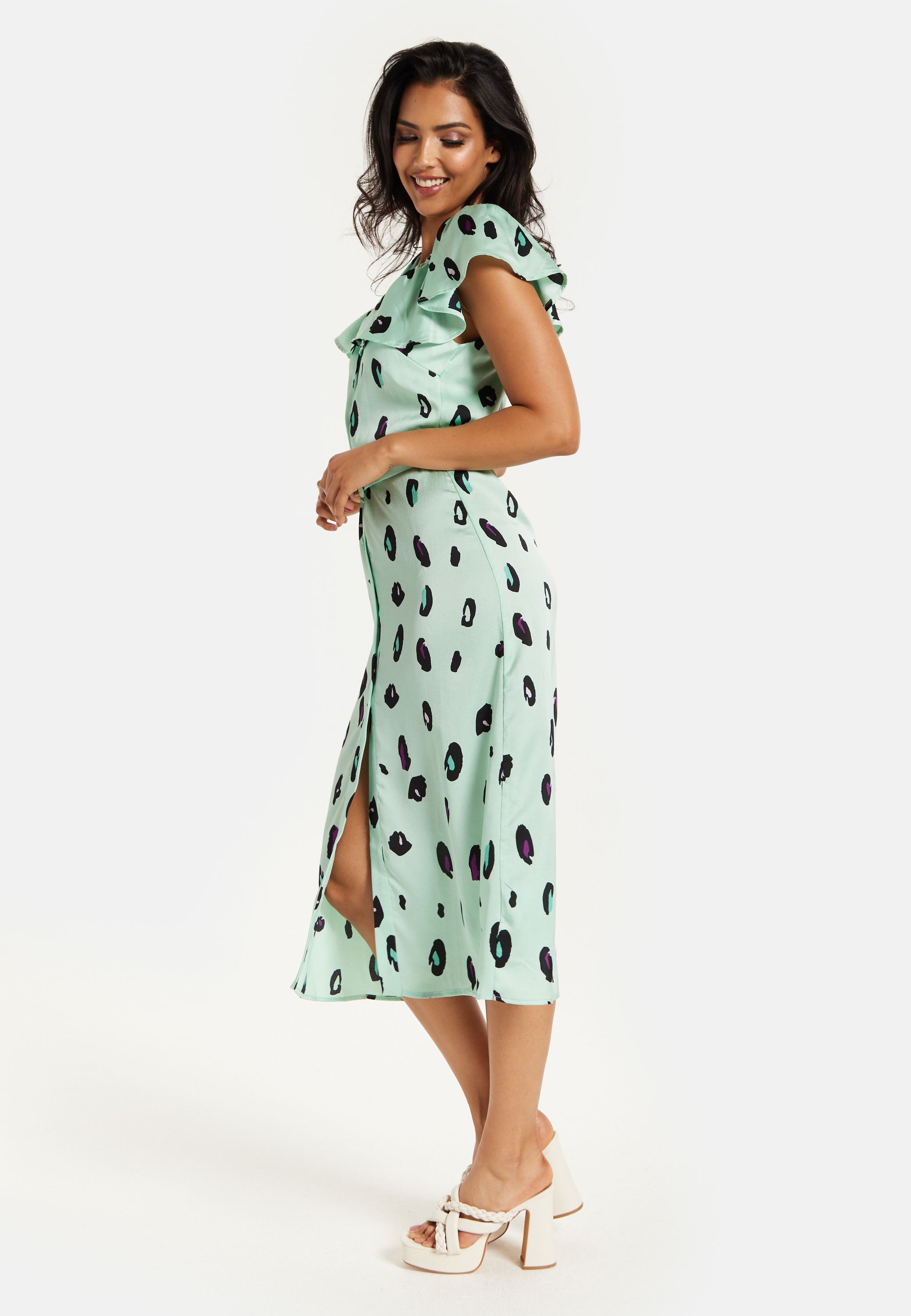 Women's Midi Dress with Off Shoulder Sleeves in Mint Animal Print - Liquorish