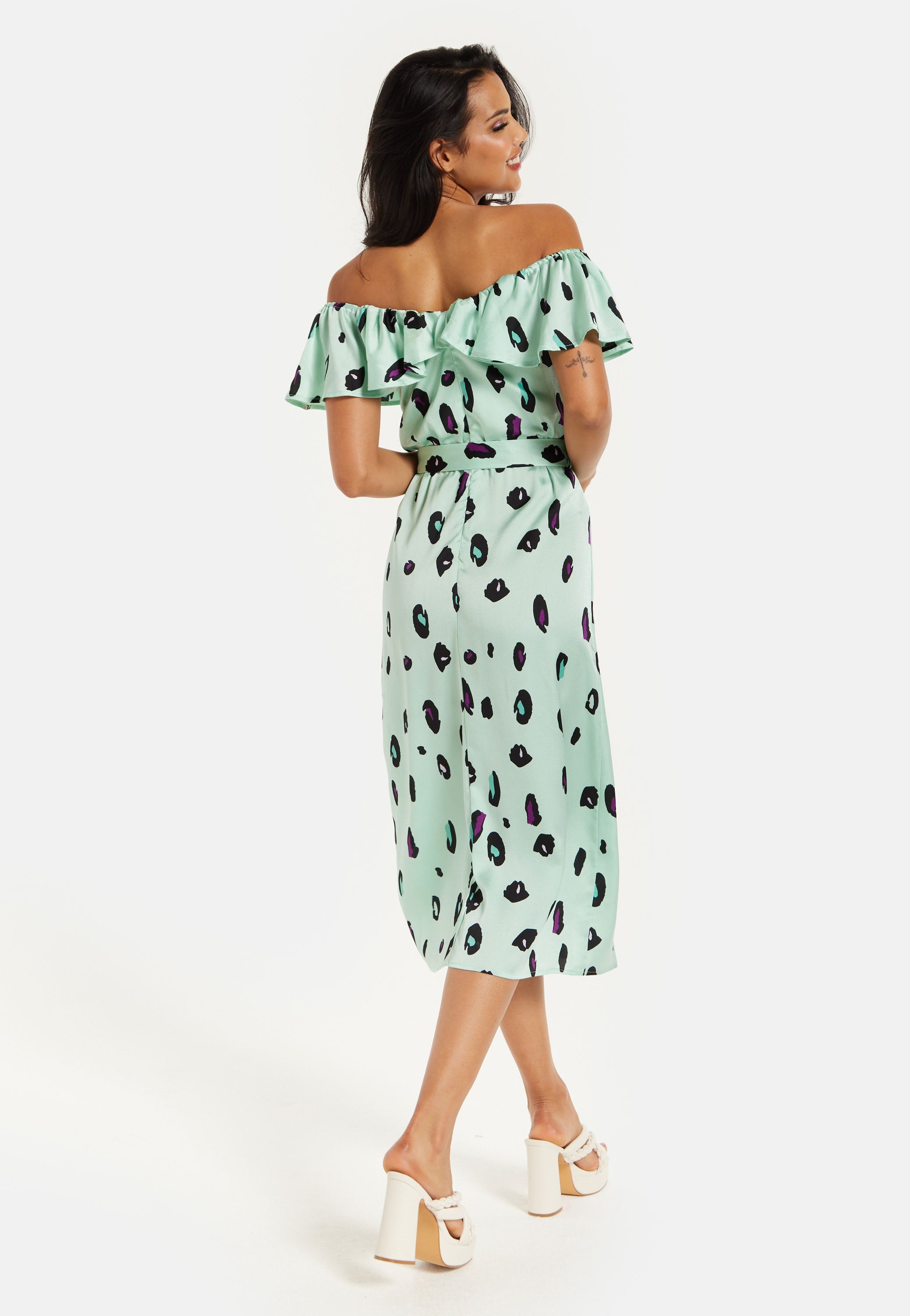 Women's Midi Dress with Off Shoulder Sleeves in Mint Animal Print - Liquorish